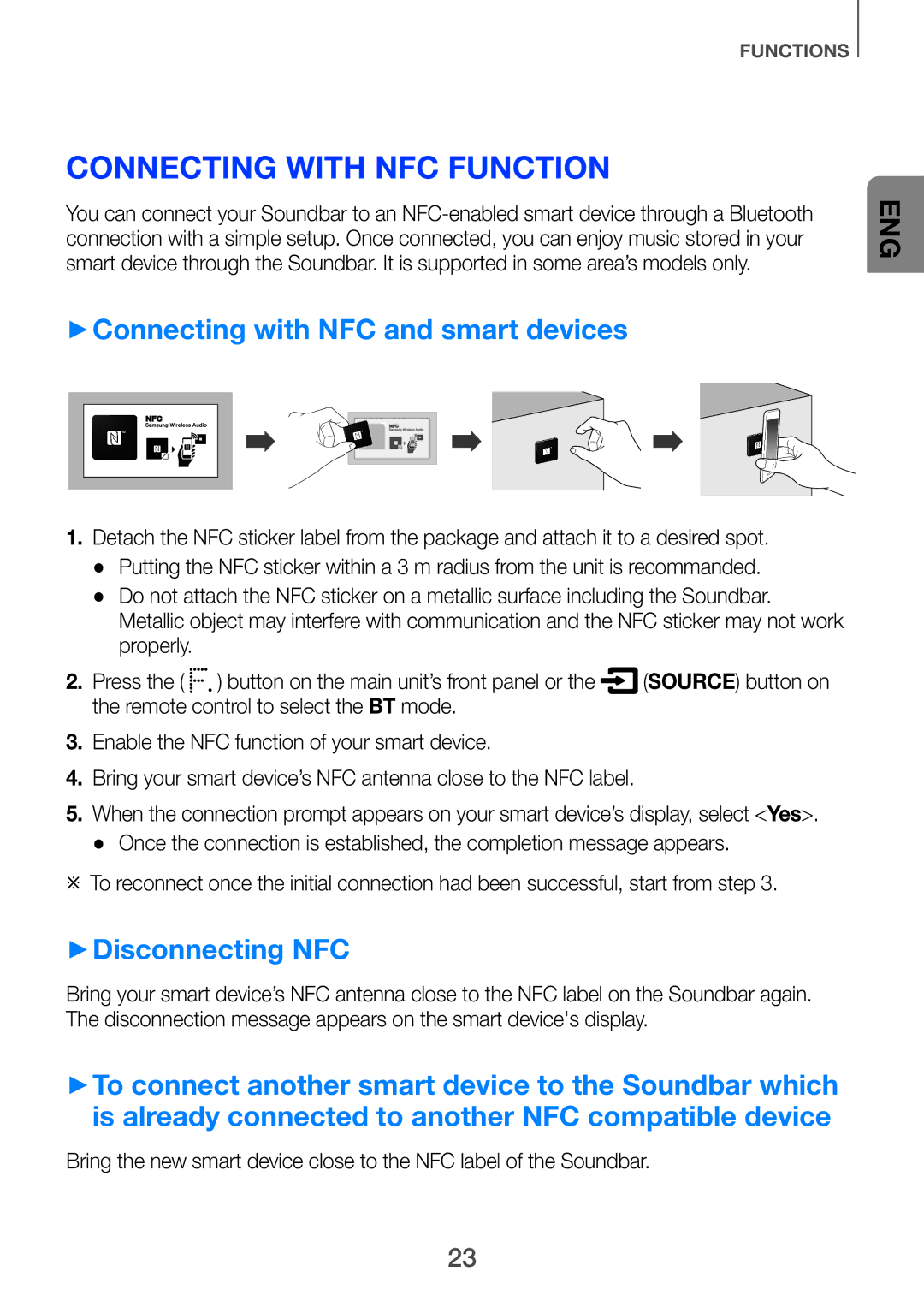 Samsung HW-H751/UM manual Connecting with NFC Function, ++Connecting with NFC and smart devices, ++Disconnecting NFC 