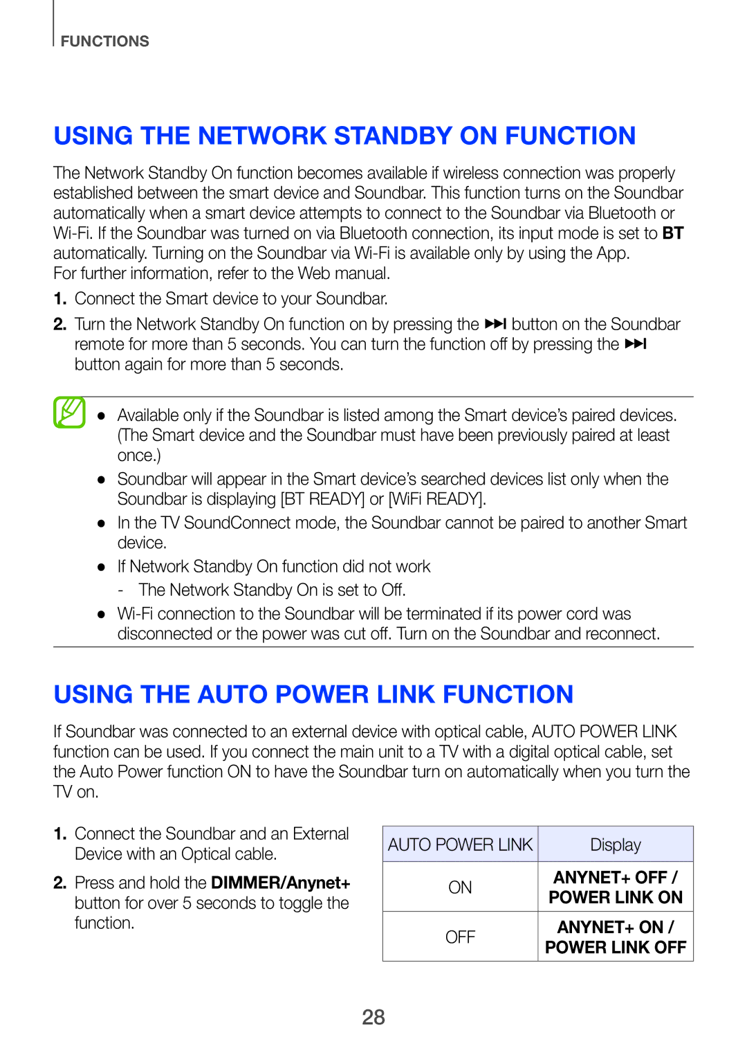 Samsung HW-H751/UM manual Using the Network Standby On function, Using the Auto Power Link Function 