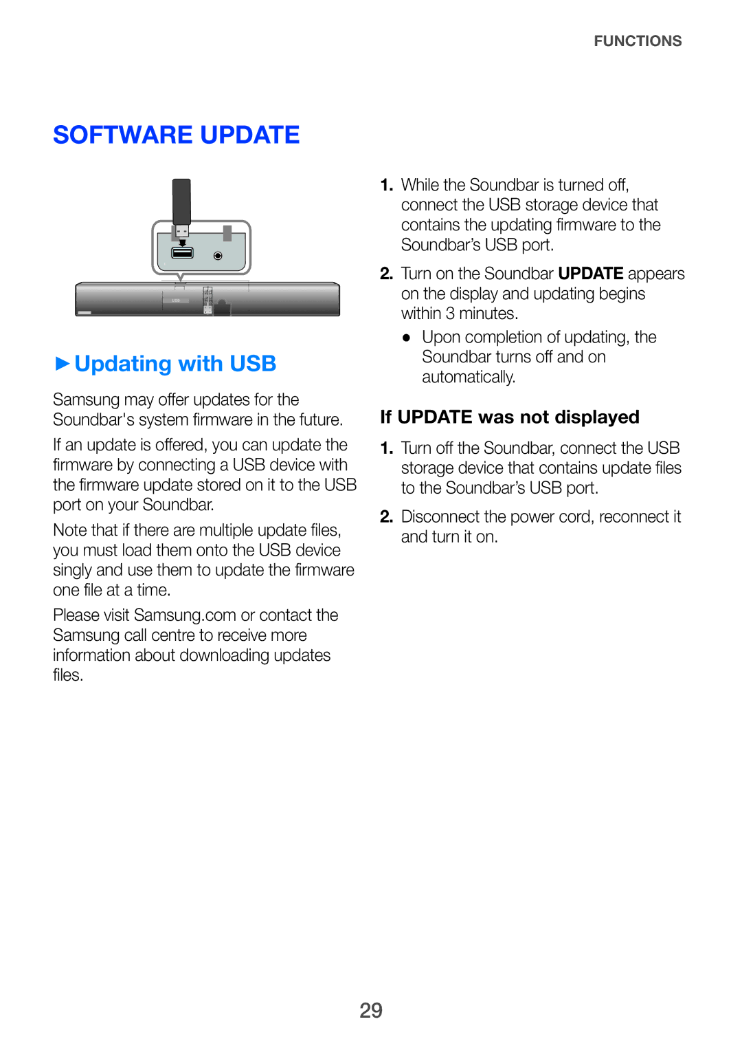 Samsung HW-H751/UM manual Software update, ++Updating with USB, Disconnect the power cord, reconnect it and turn it on 