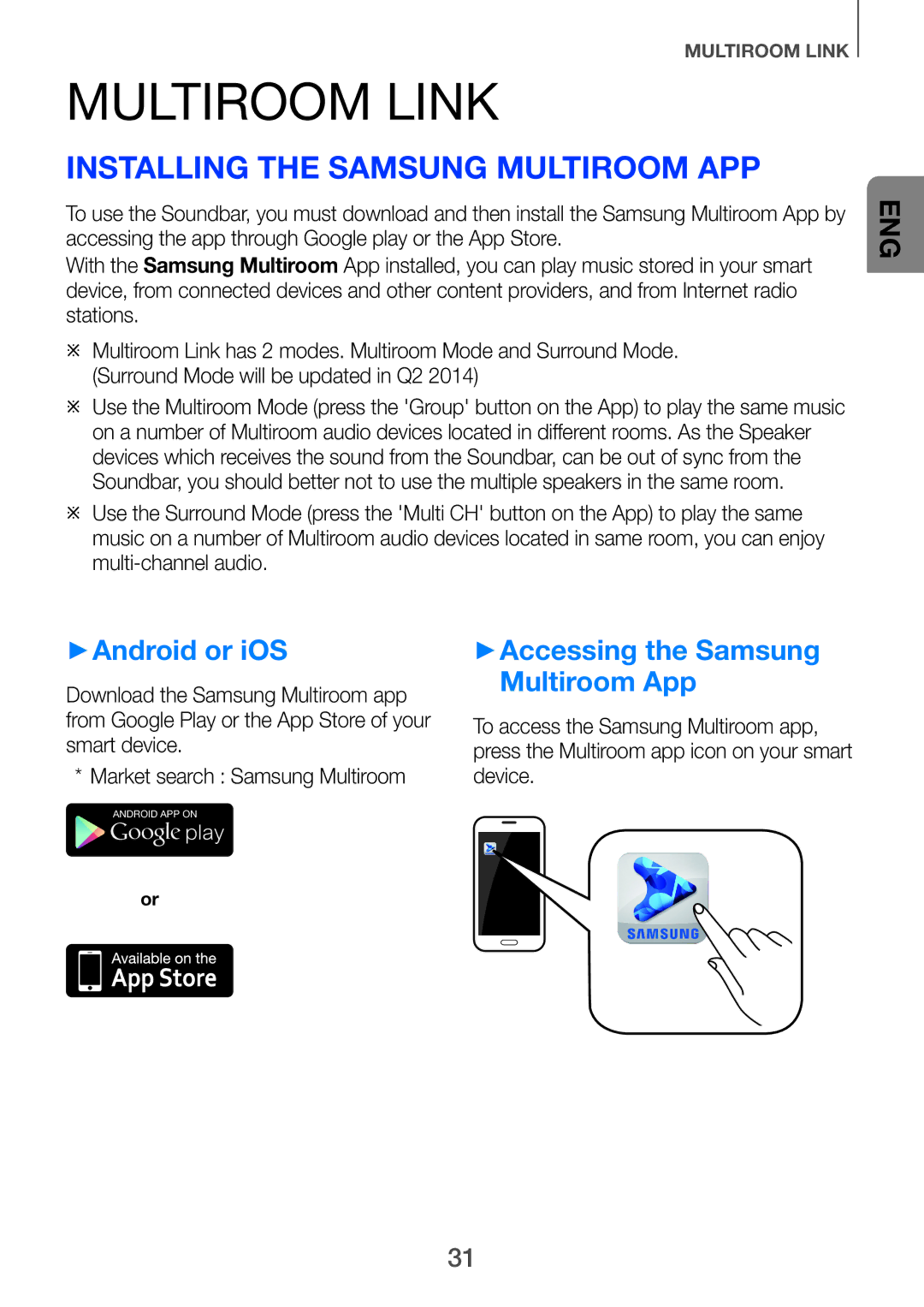 Samsung HW-H751/UM manual Multiroom Link, Installing the Samsung Multiroom App, ++Android or iOS 