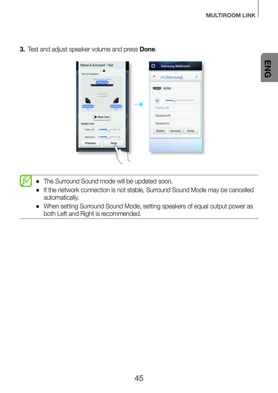 Samsung HW-H751/UM manual Test and adjust speaker volume and press Done 