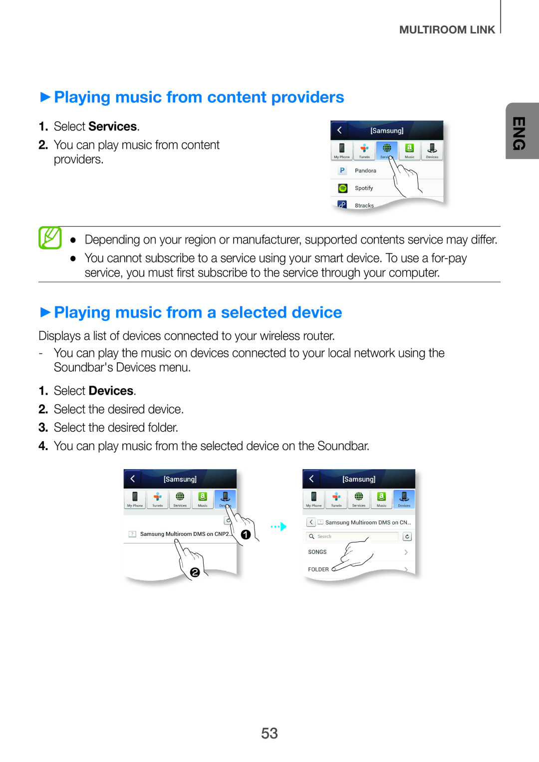 Samsung HW-H751/UM manual ++Playing music from content providers, ++Playing music from a selected device 