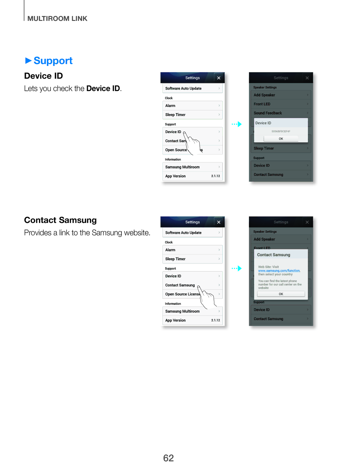 Samsung HW-H751/UM manual ++Support, Lets you check the Device ID, Provides a link to the Samsung website 