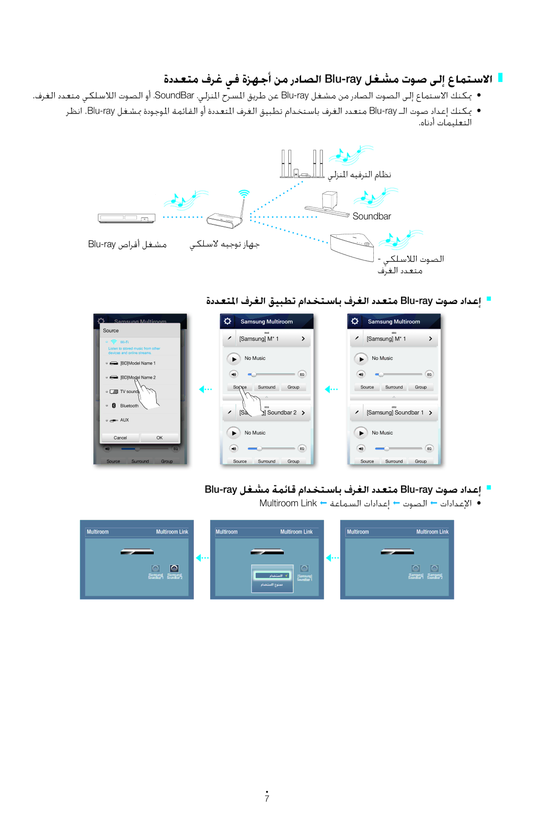 Samsung HW-H751/UM manual ةددعتم فرغ يف ةزهجأ نم رداصلا Blu-ray لغشم توص ىلإ عامتسلاا, ةددعتلما فرغلا قيبطت مادختساب 