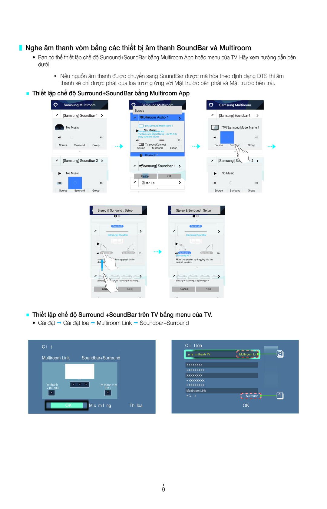 Samsung HW-H751/XV manual `` Thiết lập, Cà̀i đặt Cài đặt loa Multiroom Link Soundbar+Surround 