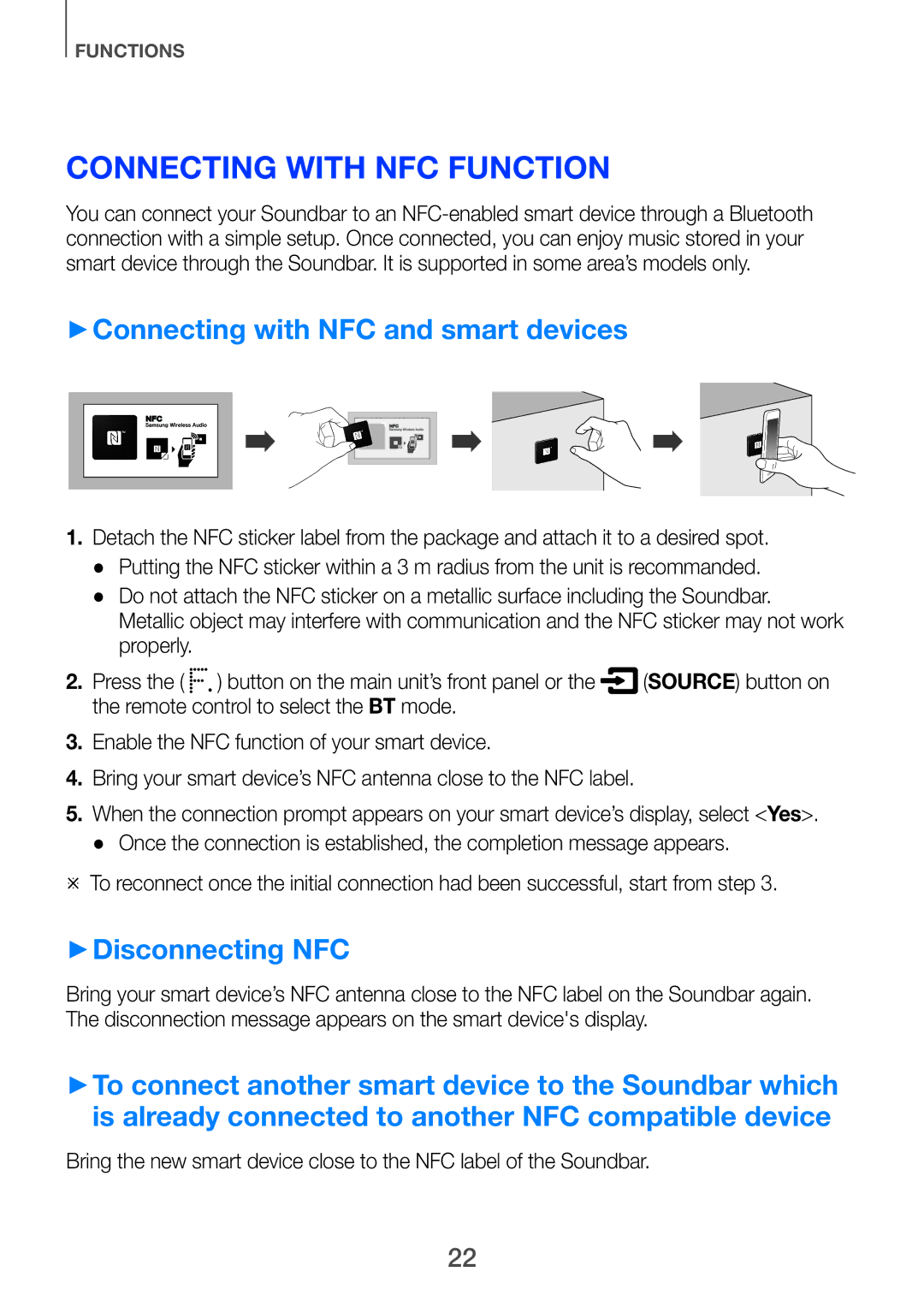 Samsung HW-H751/XV manual Connecting with NFC Function, ++Connecting with NFC and smart devices, ++Disconnecting NFC 