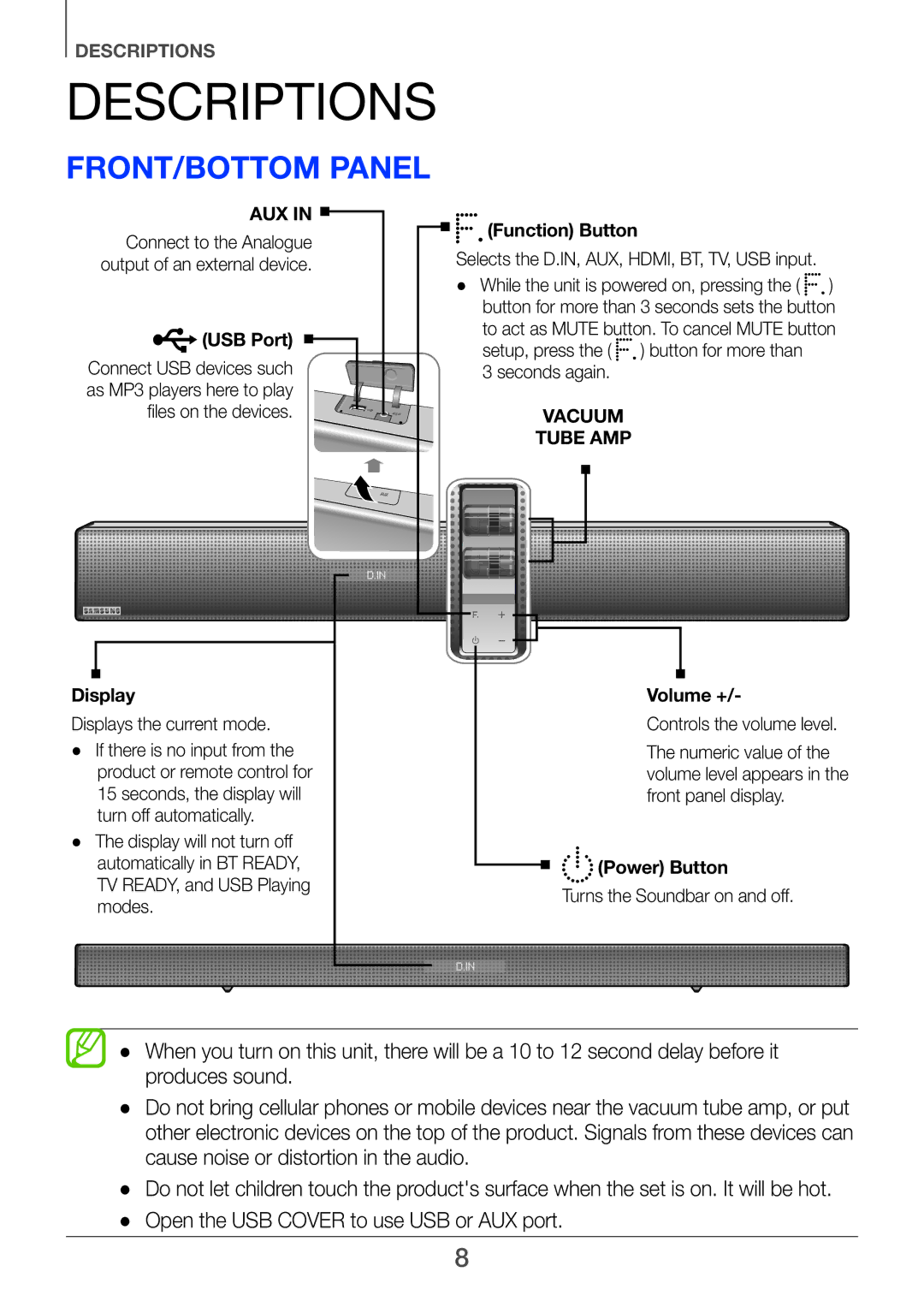 Samsung HW-H751/XV manual Descriptions, Front/Bottom panel 