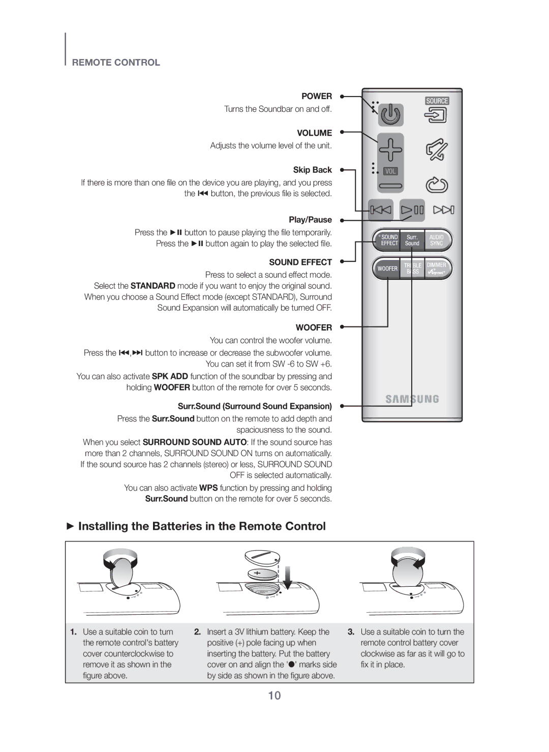 Samsung HW-H751/XV manual + Installing the Batteries in the Remote Control, Skip Back, Play/Pause 