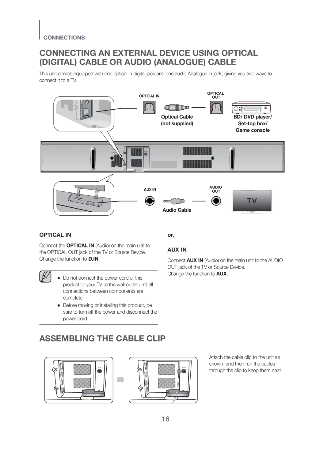 Samsung HW-H751/XV manual Assembling the Cable Clip, Optical Cable, Audio Cable 