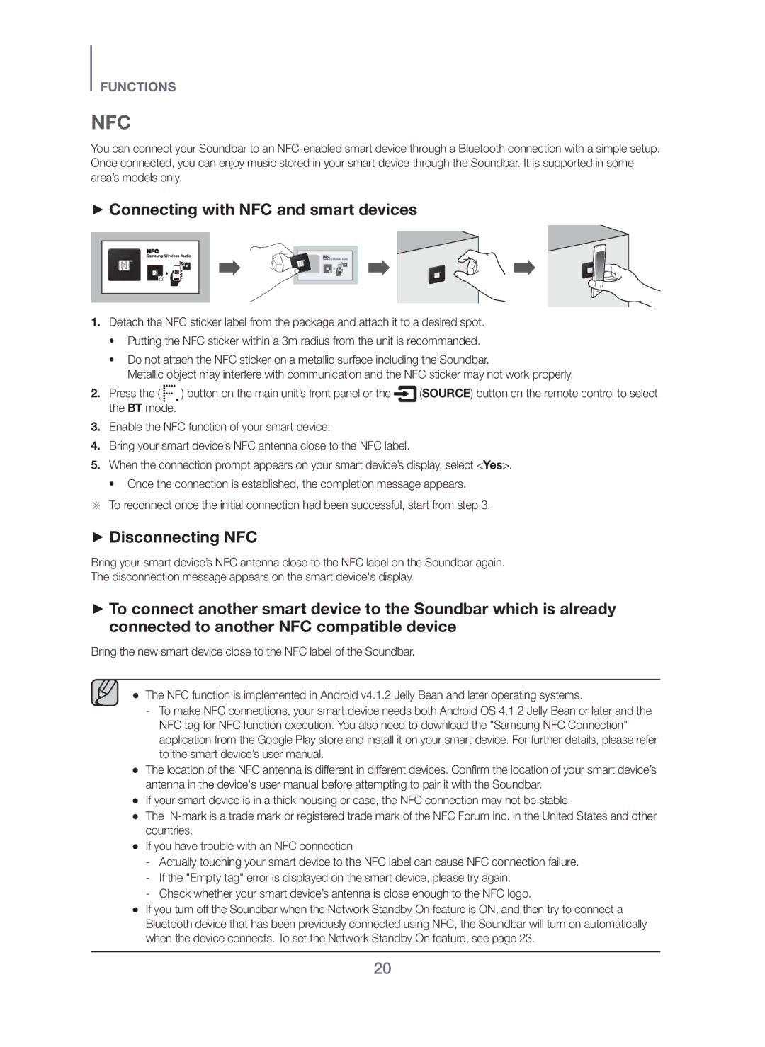 Samsung HW-H751/XV manual Nfc, + Connecting with NFC and smart devices, + Disconnecting NFC 