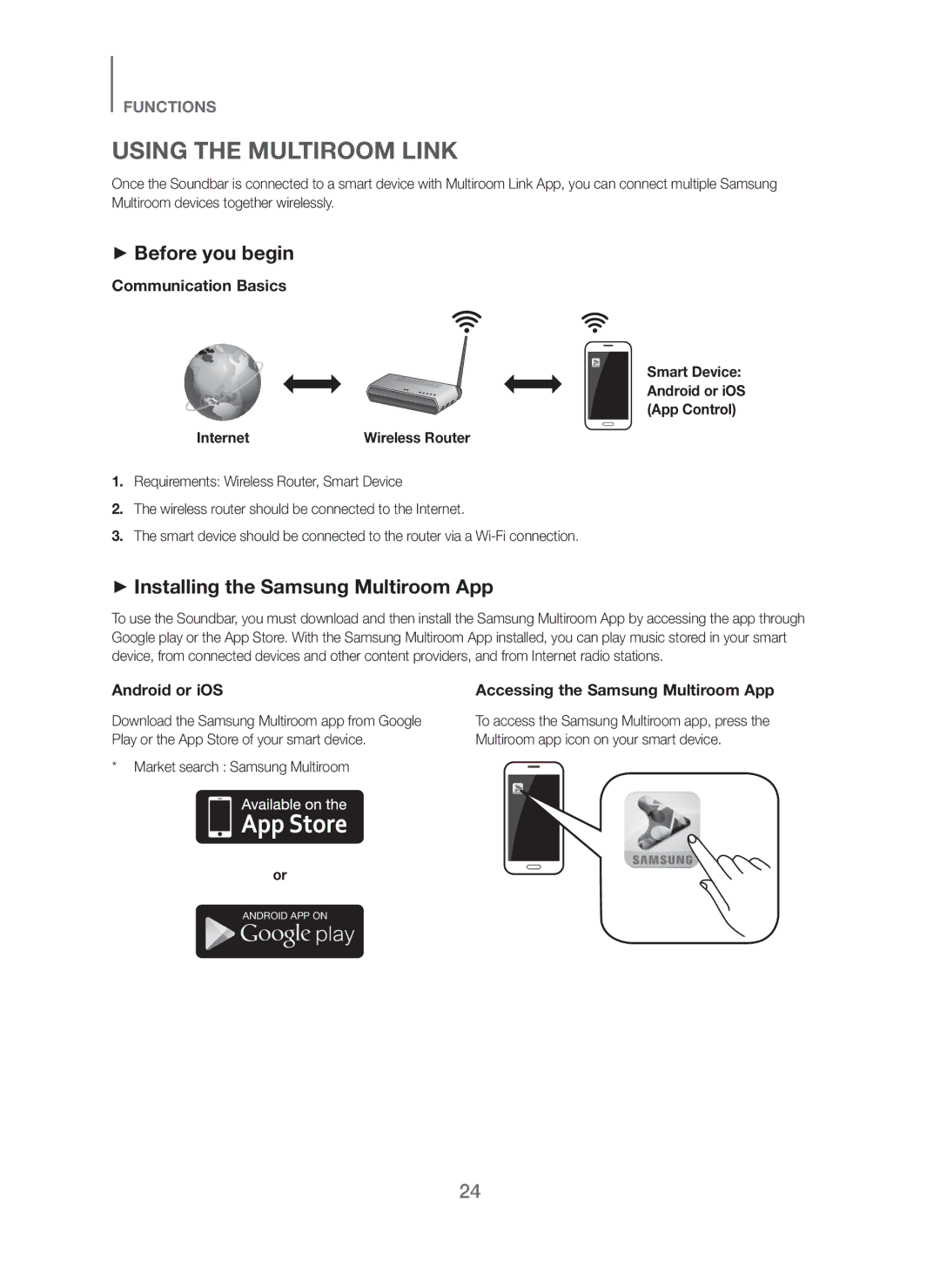 Samsung HW-H751/XV manual Using the Multiroom Link, + Before you begin, + Installing the Samsung Multiroom App 