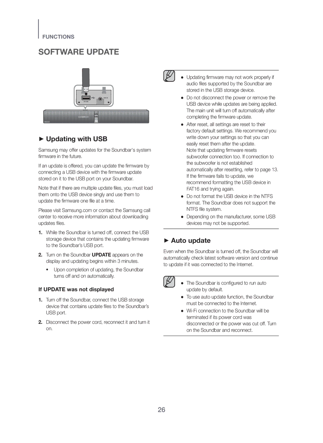 Samsung HW-H751/XV manual Software Update, + Updating with USB, + Auto update 