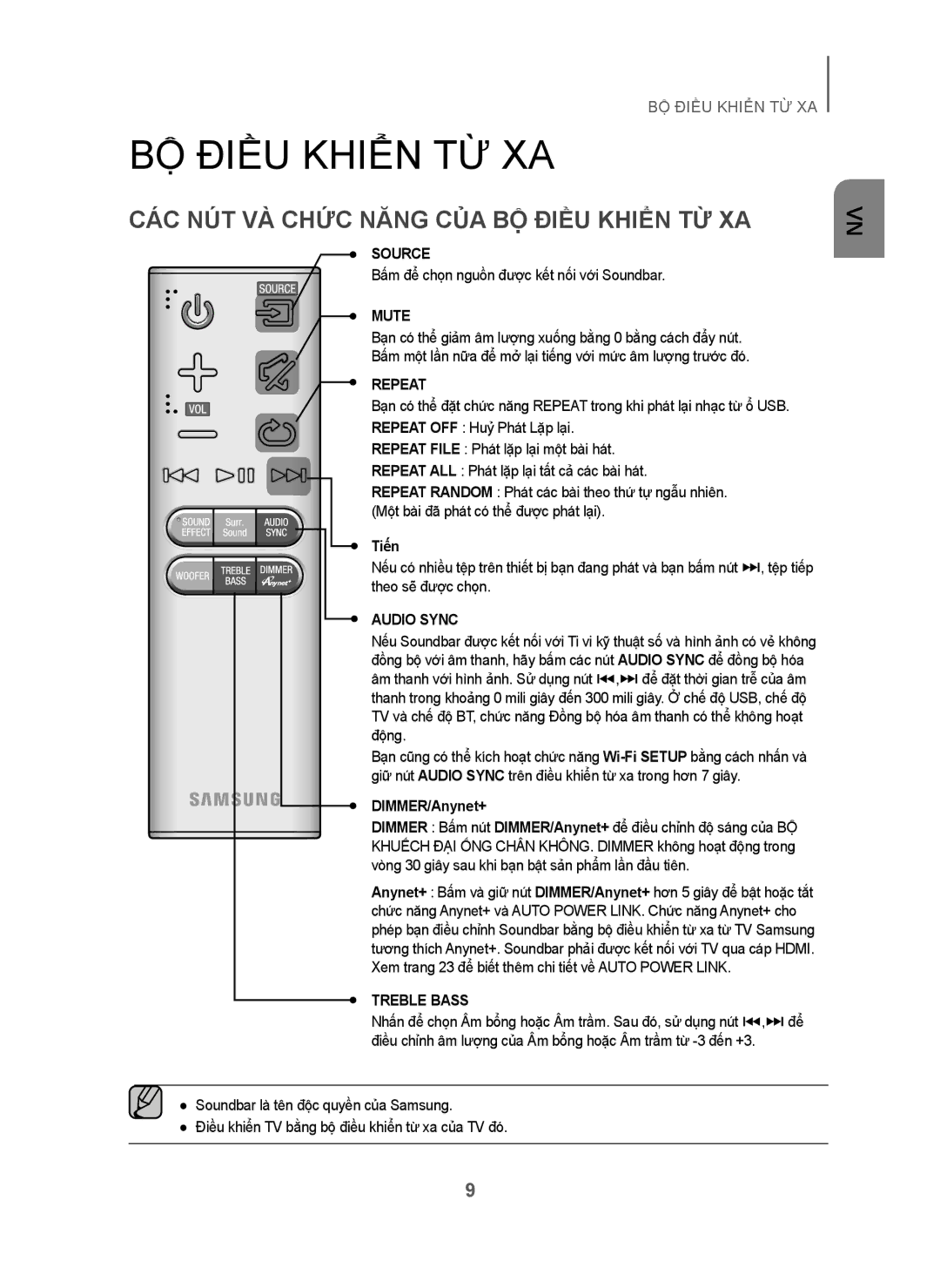 Samsung HW-H751/XV CÁC NÚT VÀ Chức Năng CỦA BỘ Điều Khiển TỪ XA, Bấm để chọn nguồn được kết nối với Soundbar, Tiến 