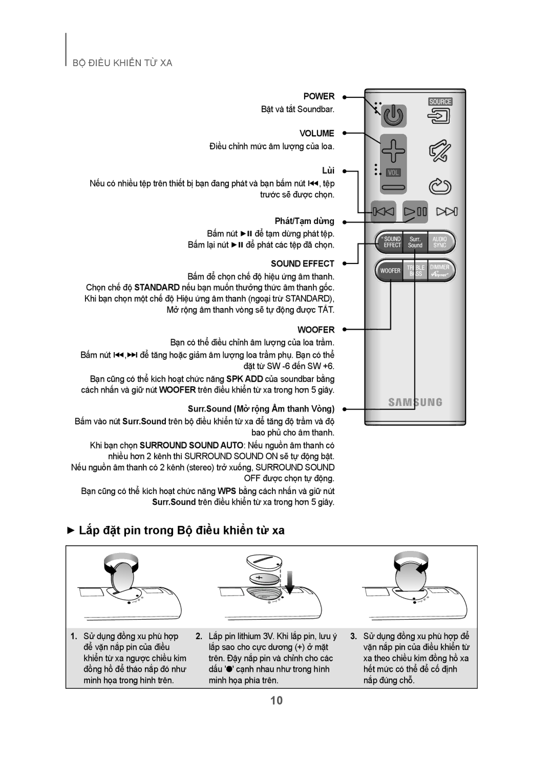 Samsung HW-H751/XV manual + Lắp đặt pin trong Bộ điều khiển từ xa, Lùi, Phát/Tạm dừng, Surr.Sound Mở rộng Âm thanh Vòng 