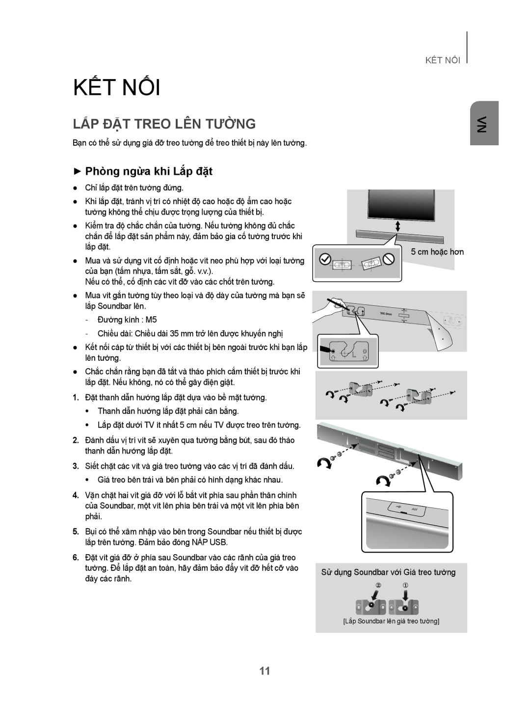 Samsung HW-H751/XV manual Kết Nối, LẮP ĐẶT Treo LÊN Tường, + Phòng ngừa khi Lắp đặt, Chỉ lắp đặt trên tường đứng 