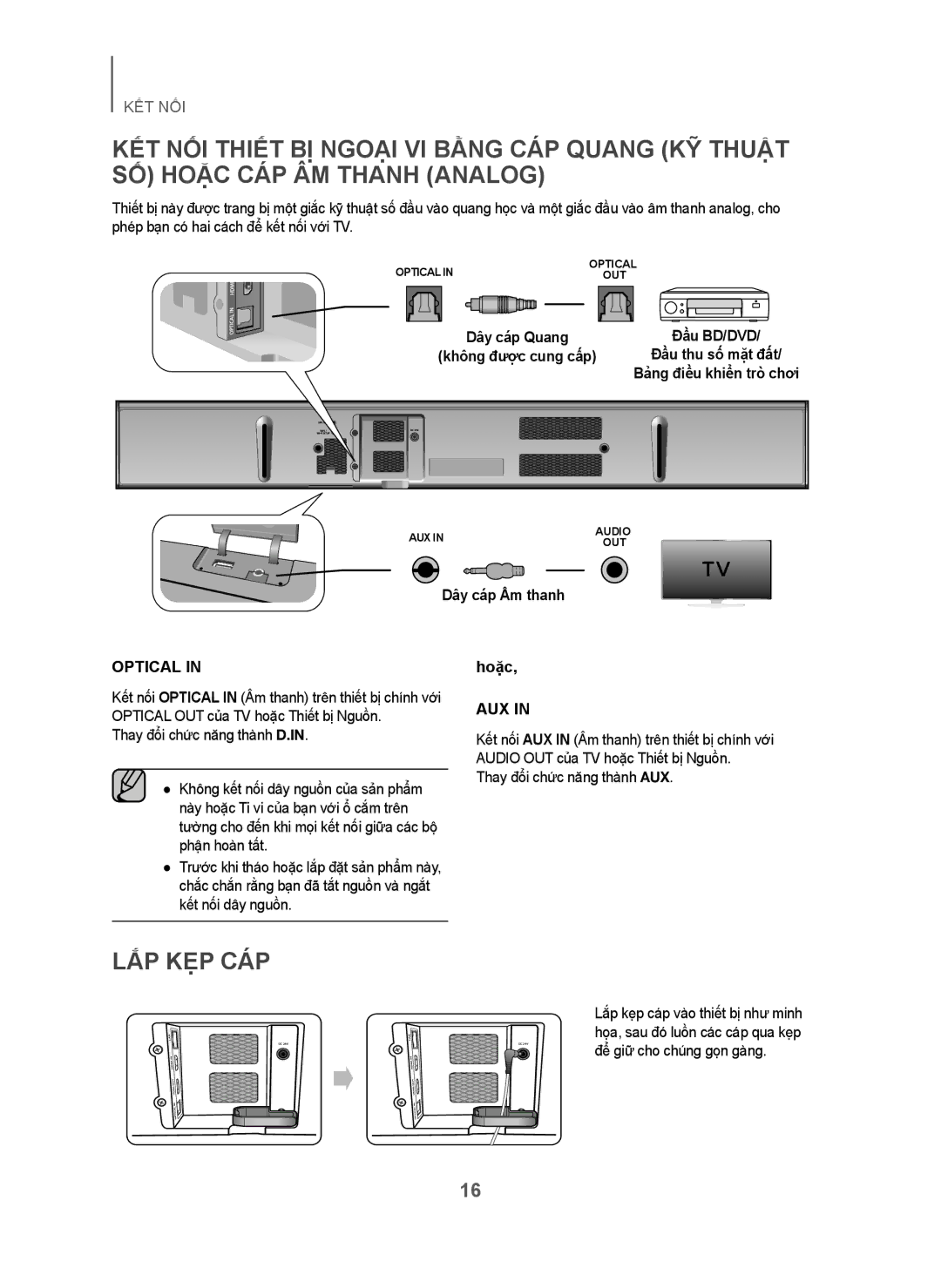 Samsung HW-H751/XV manual Lắp Kẹp Cáp, Dây cáp Âm thanh, Thay đổi chức năng thành AUX 