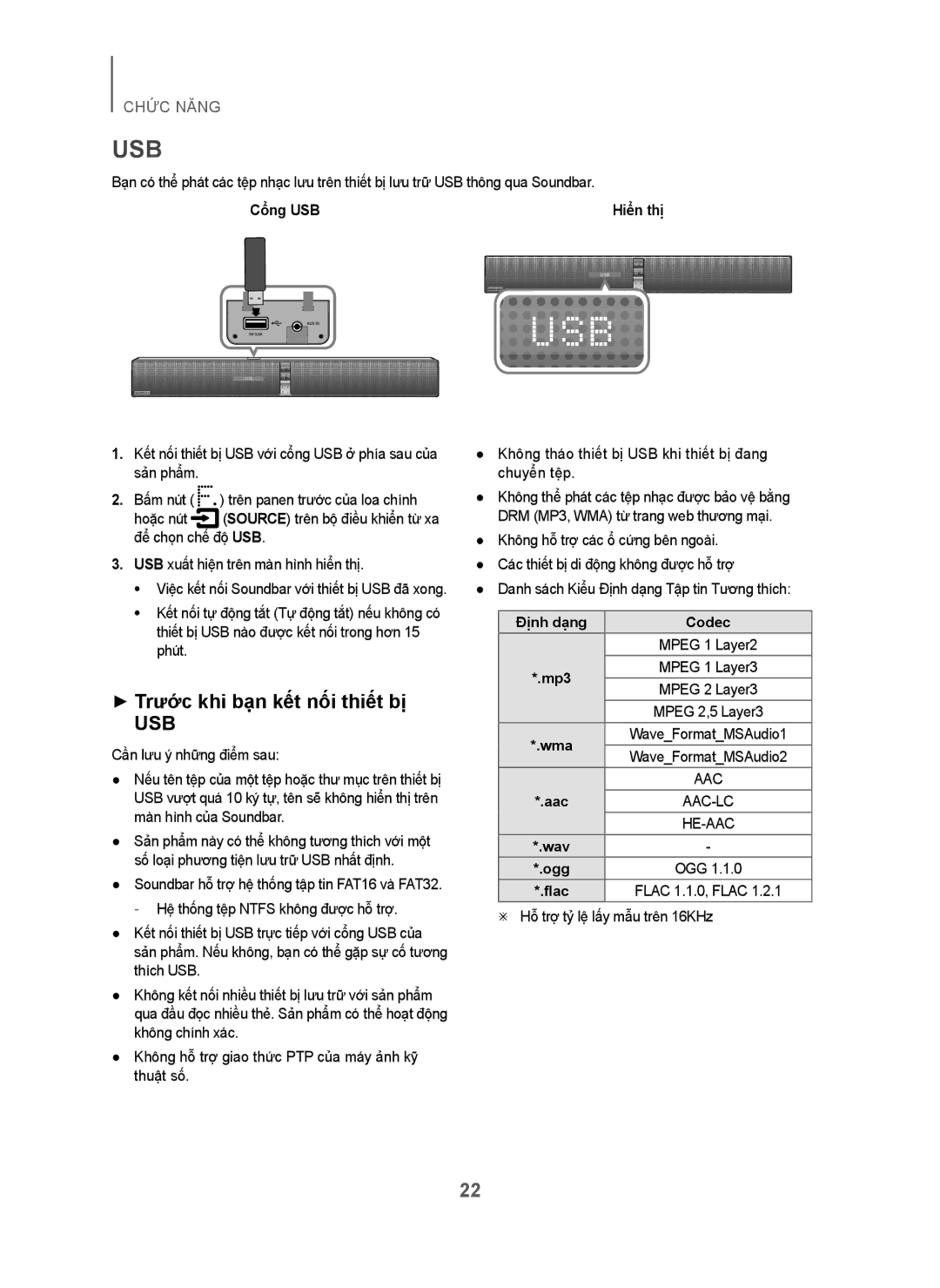 Samsung HW-H751/XV manual Usb, + Trước khi bạn kết nối thiết bị, Cổng USB, Định dạng Codec, Aac 