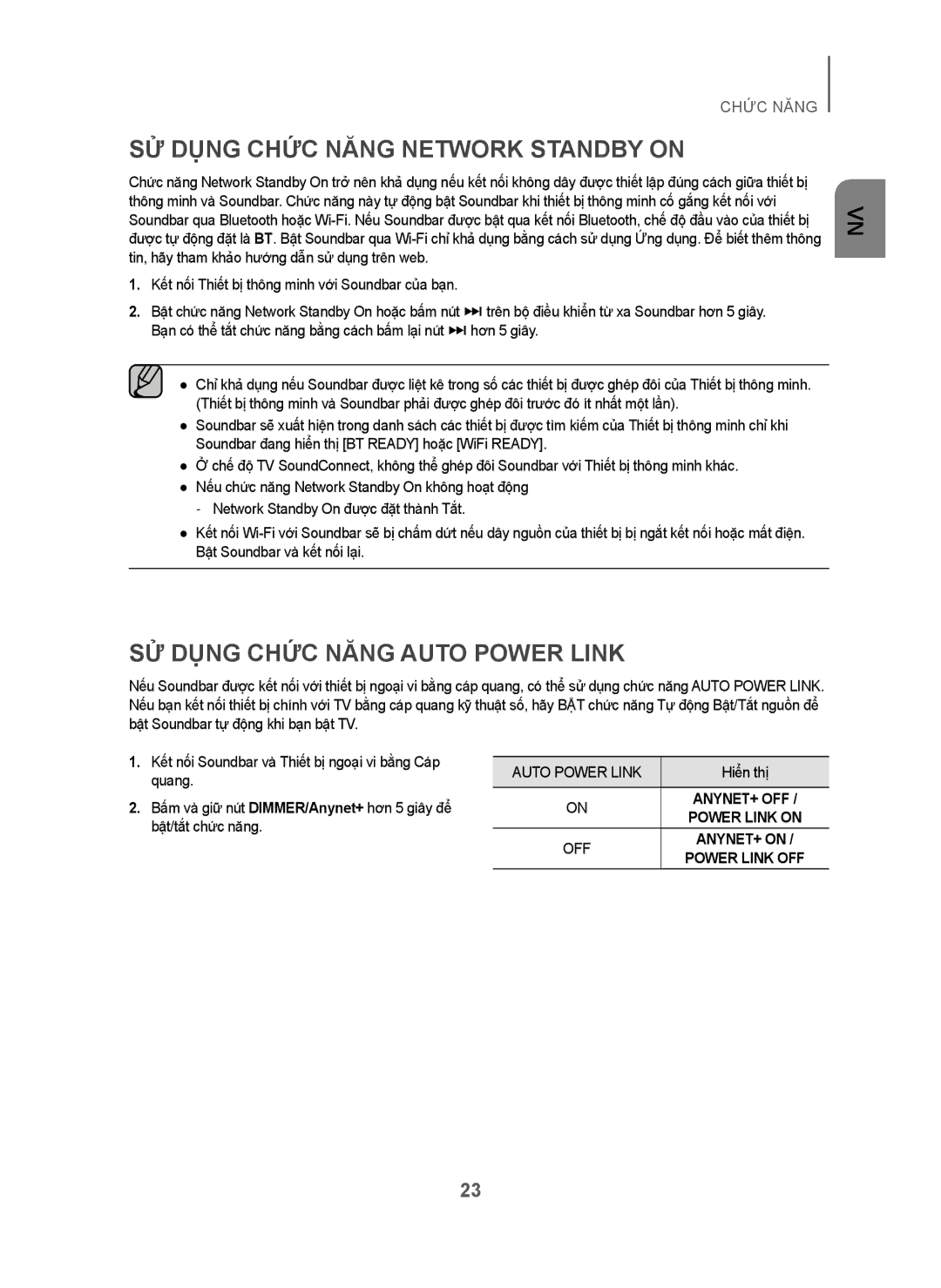 Samsung HW-H751/XV manual SỬ Dụng Chức Năng Network Standby on, SỬ Dụng Chức Năng Auto Power Link 