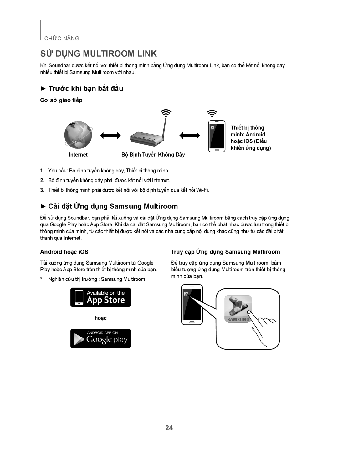 Samsung HW-H751/XV manual SỬ Dụng Multiroom Link, + Trước khi bạn bắt đầu, + Cài đặt Ứng dụng Samsung Multiroom, Hoặc 