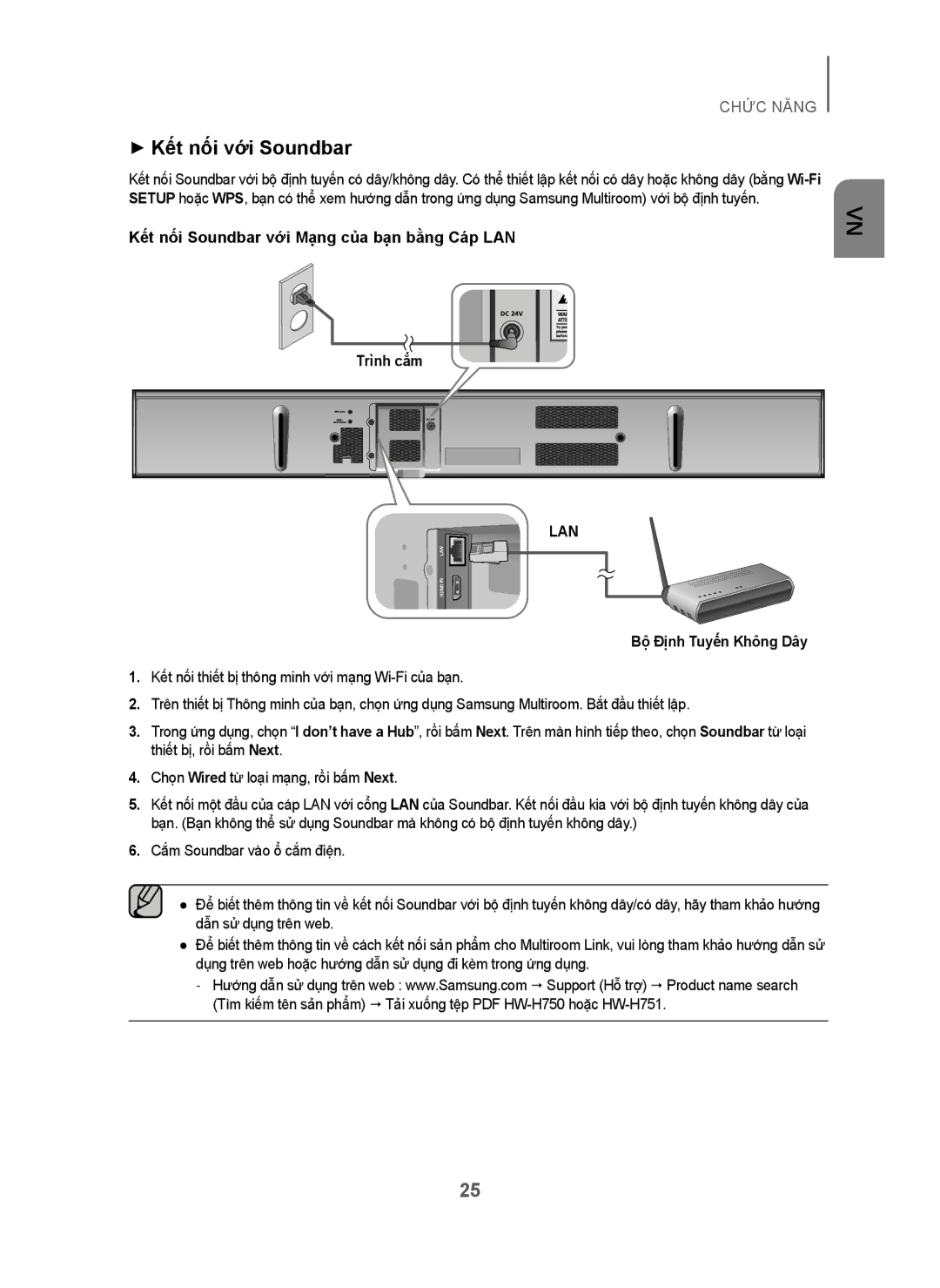 Samsung HW-H751/XV manual + Kết nối với Soundbar, Trình cắm, Bộ Định Tuyến Không Dây 