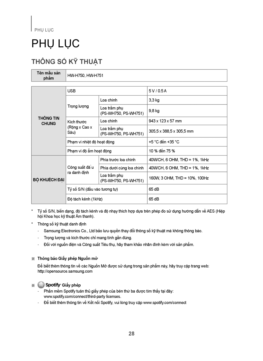 Samsung HW-H751/XV manual Phụ Lục, Thông SỐ KỸ Thuật, Tên mẫu sản, Thông báo Giấy phép Nguồn mở 