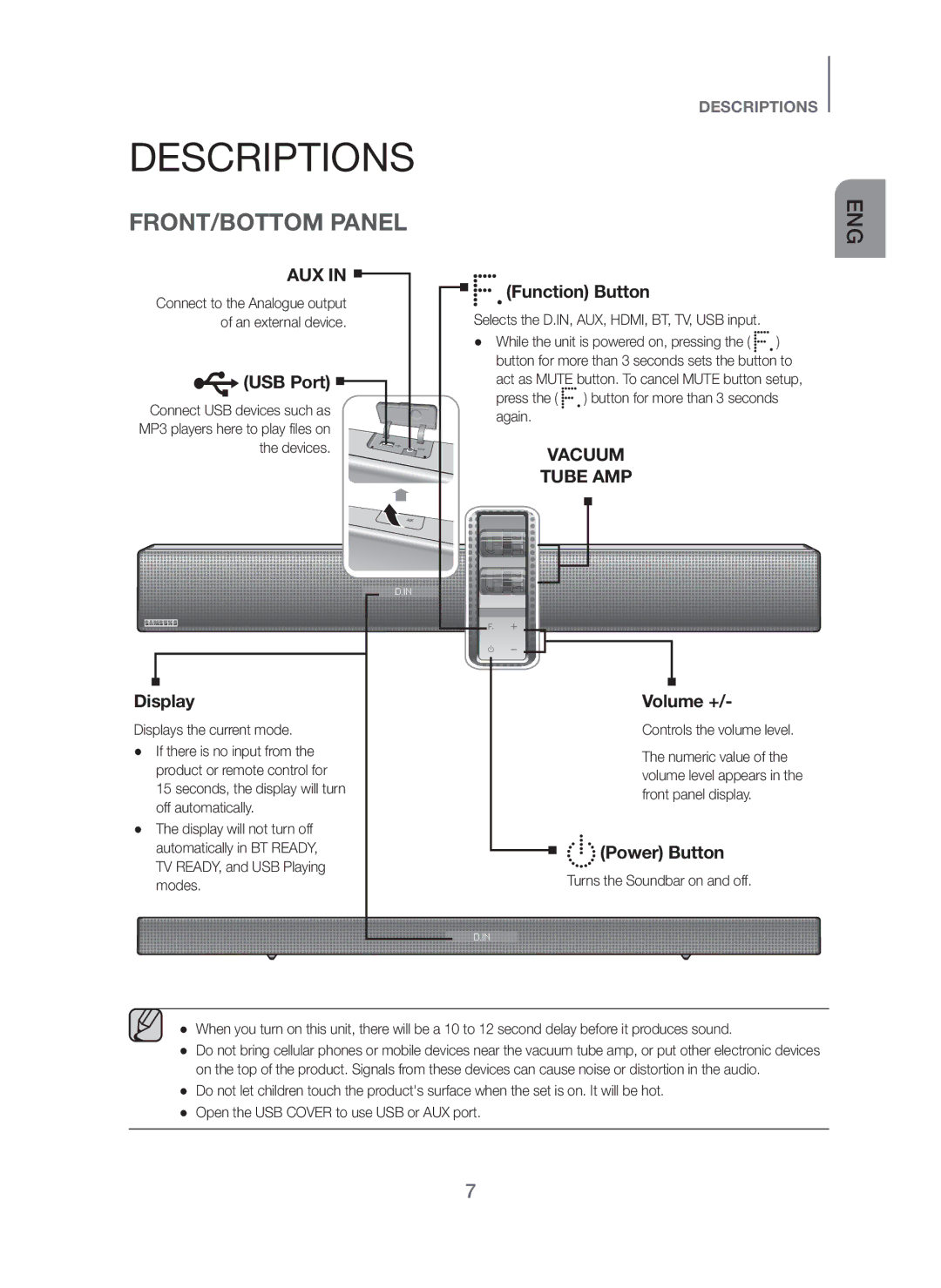 Samsung HW-H751/XV manual Descriptions, FRONT/BOTTOM Panel 