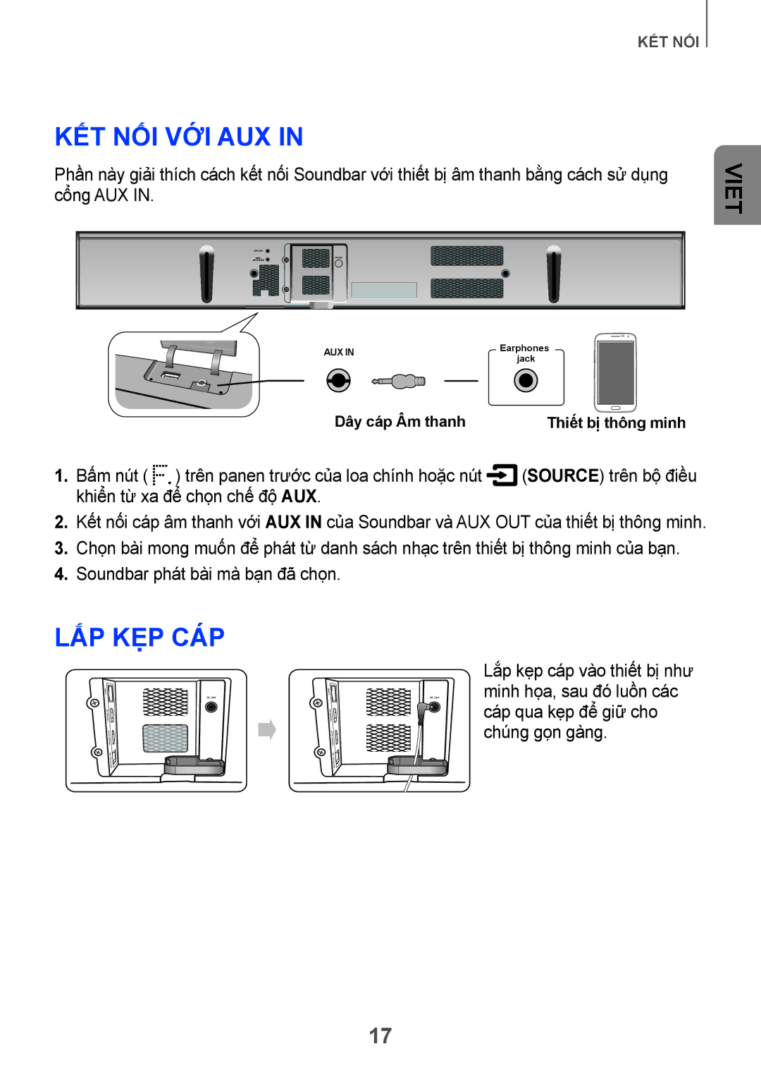 Samsung HW-H751/XV manual Kết nối với AUX, Lắp kẹp cáp 