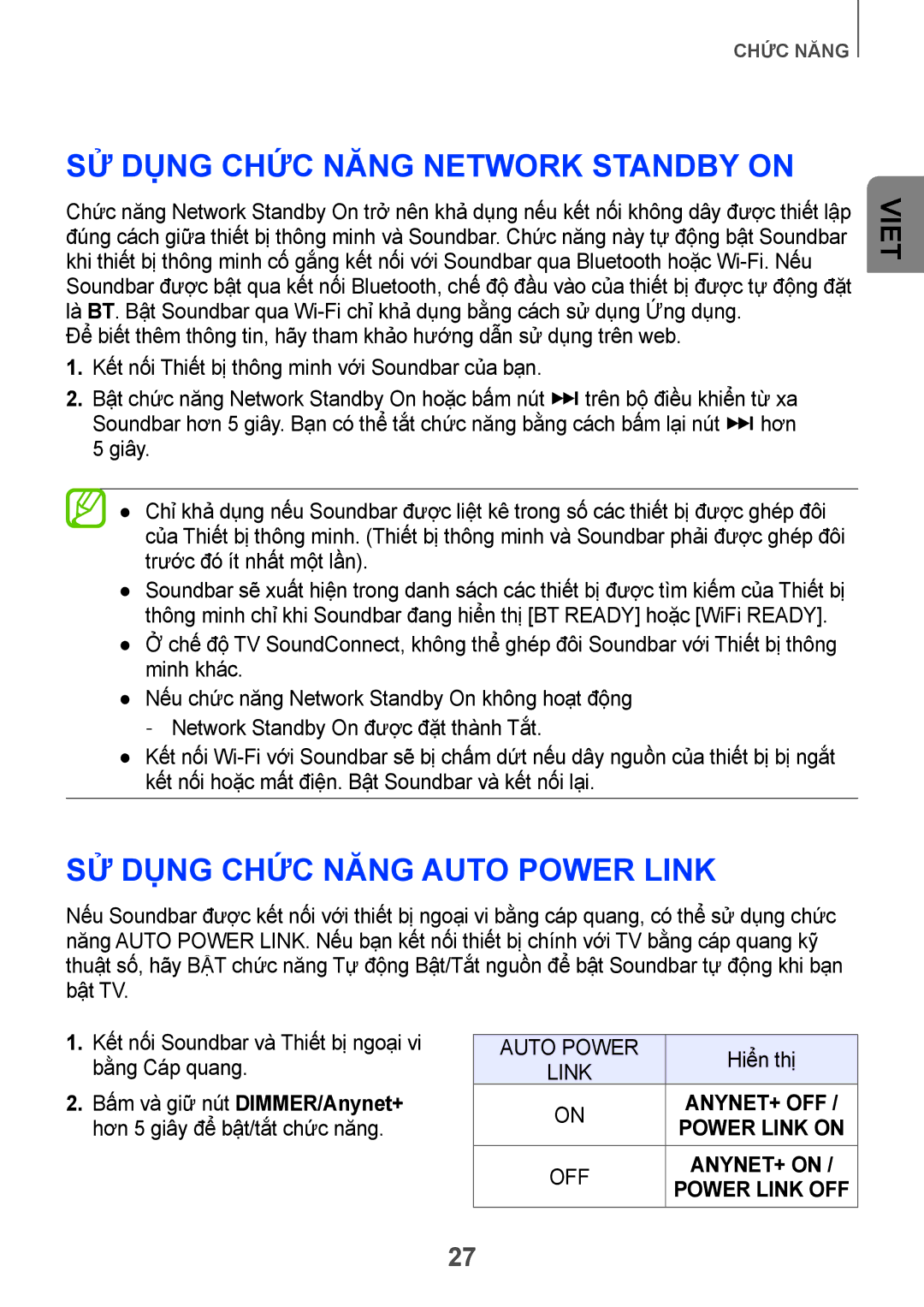 Samsung HW-H751/XV manual Sử dụng chức năng Network Standby On, Sử dụng chức năng Auto Power Link 