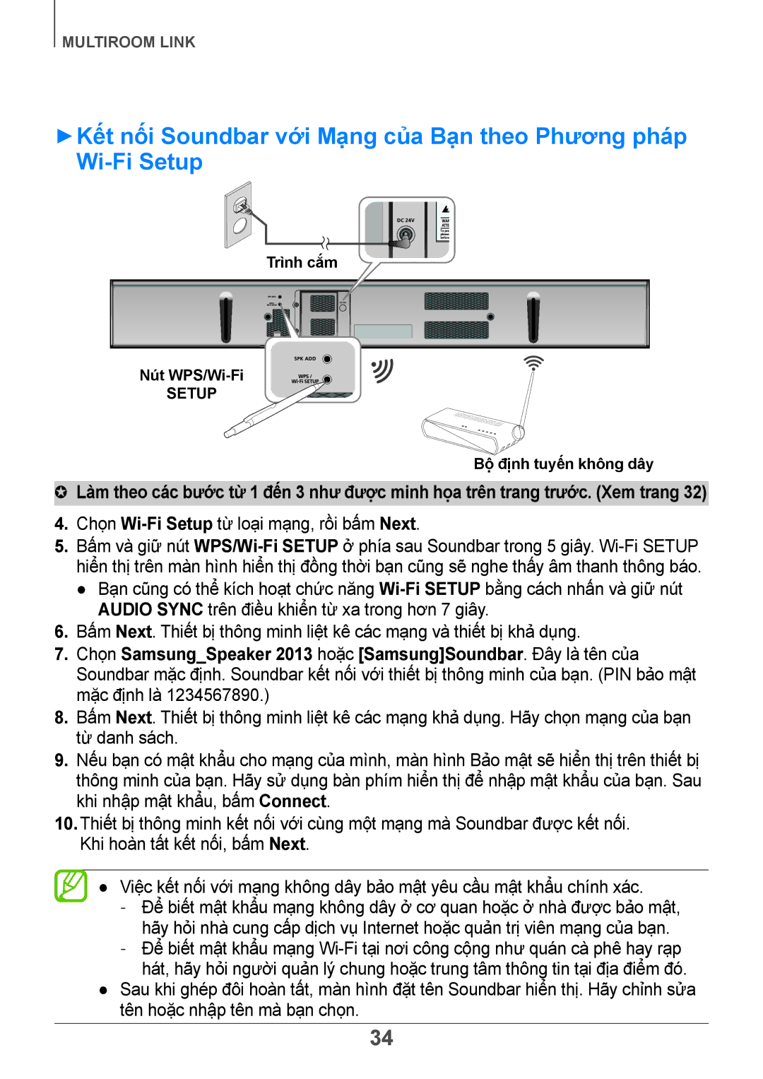 Samsung HW-H751/XV manual Chon Wi-Fi Setup từ loại mạng, rồi bấm Next 