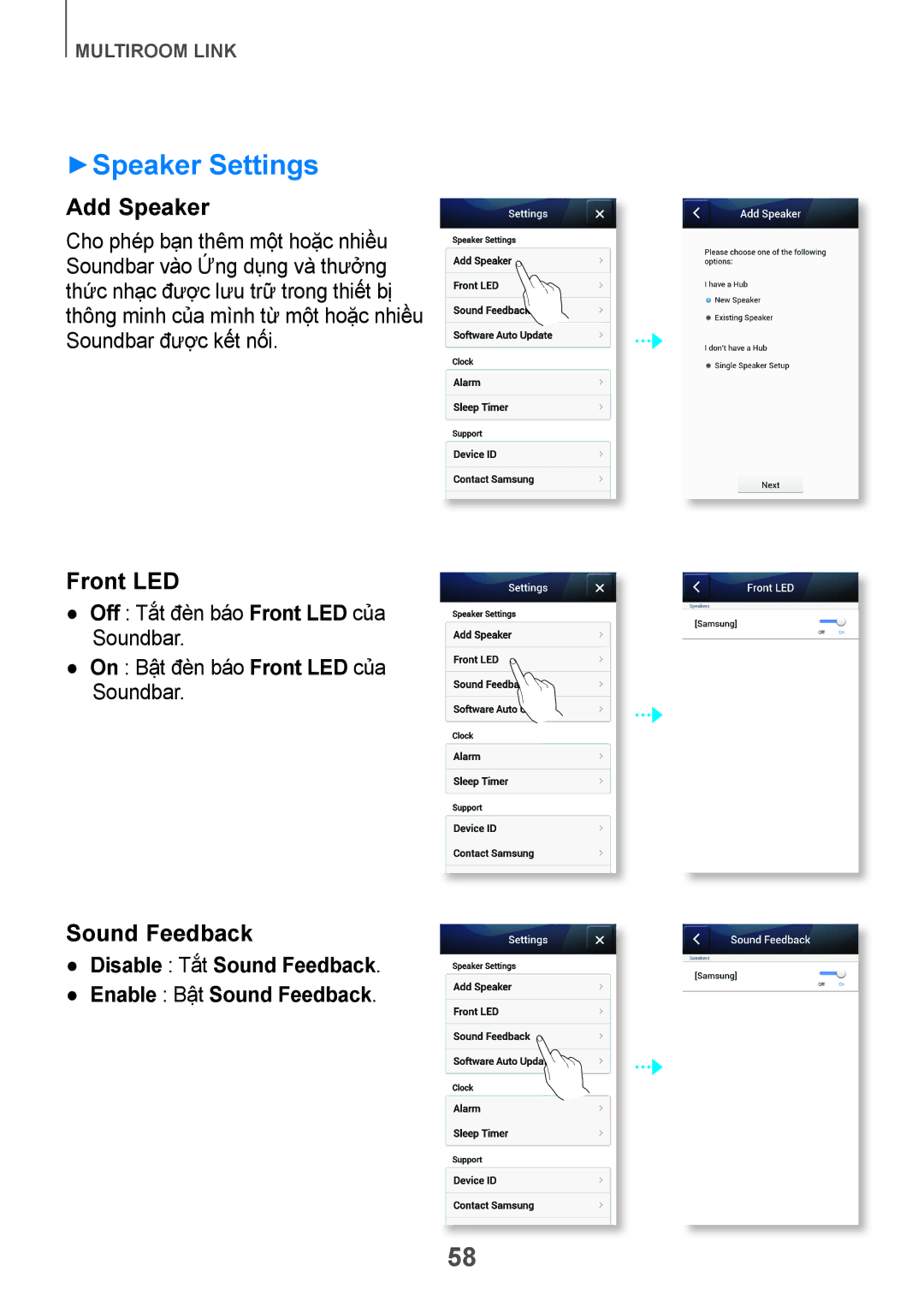 Samsung HW-H751/XV manual ++Speaker Settings, Disable Tắt Sound Feedback Enable Bật Sound Feedback 