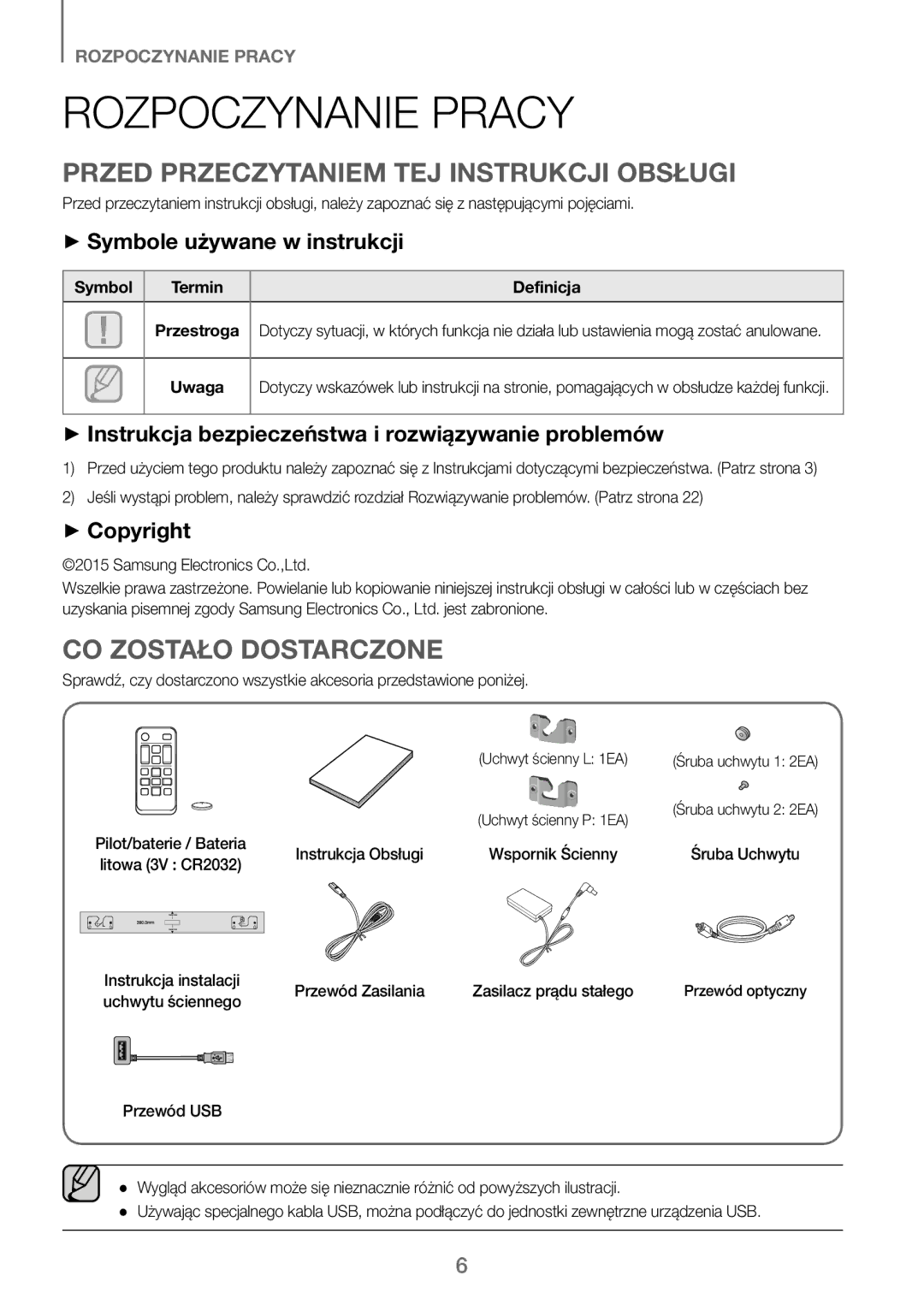 Samsung HW-J250/EN manual Rozpoczynanie Pracy, Przed Przeczytaniem TEJ Instrukcji Obsługi, CO Zostało Dostarczone 