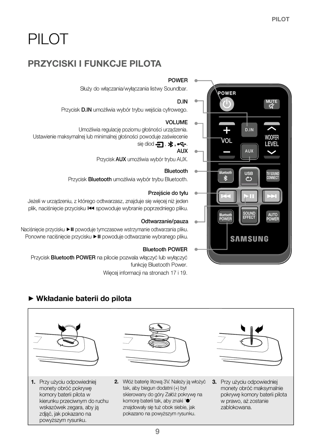 Samsung HW-J250/EN manual Przyciski I Funkcje Pilota, ++Wkładanie baterii do pilota, Odtwarzanie/pauza 