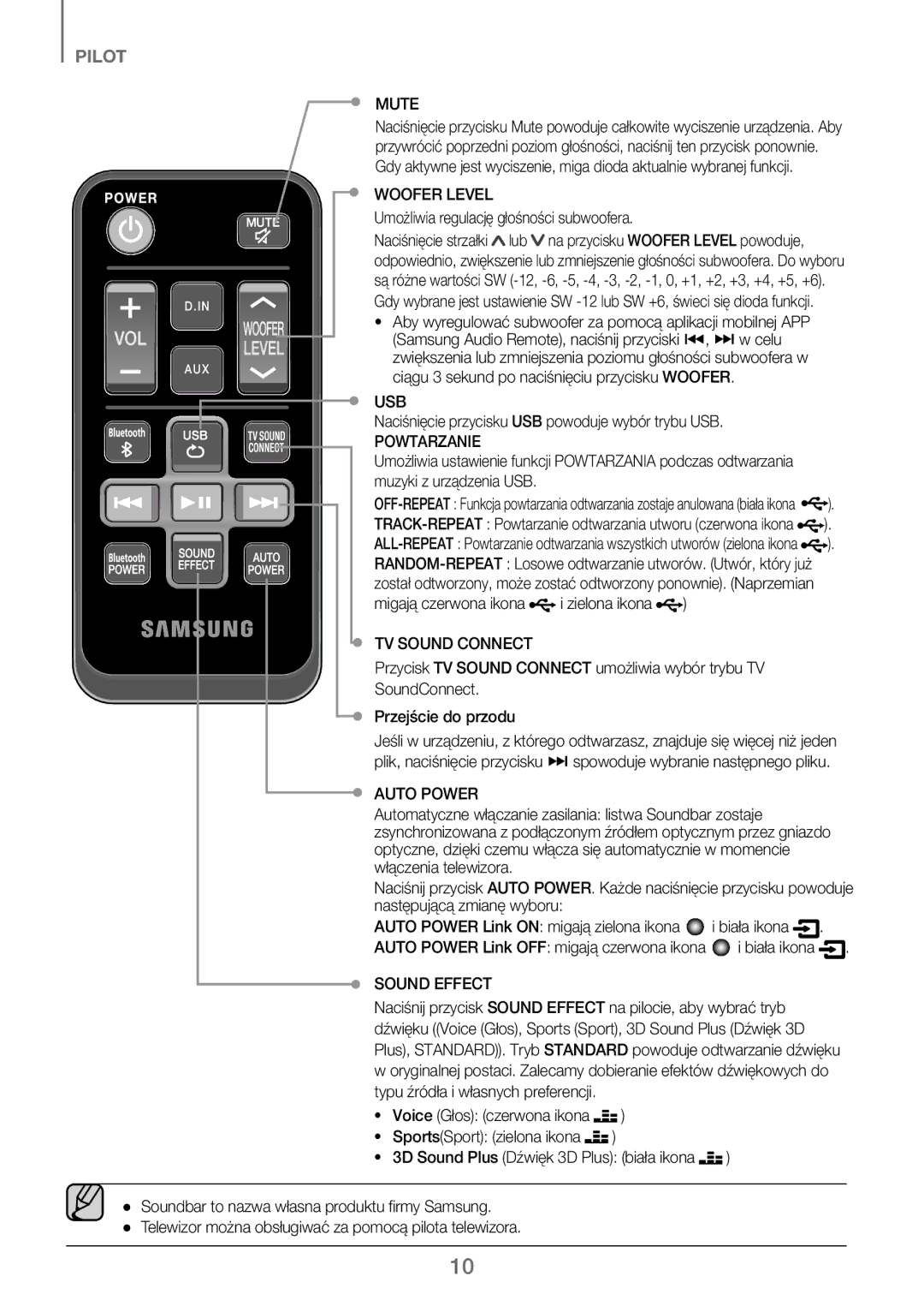 Samsung HW-J250/EN manual Umożliwia regulację głośności subwoofera, Naciśnięcie przycisku USB powoduje wybór trybu USB 