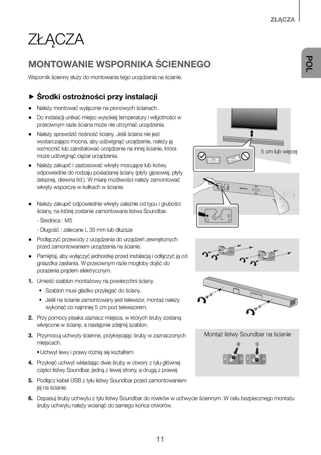 Samsung HW-J250/EN manual Złącza, Montowanie Wspornika Ściennego, ++Środki ostrożności przy instalacji 