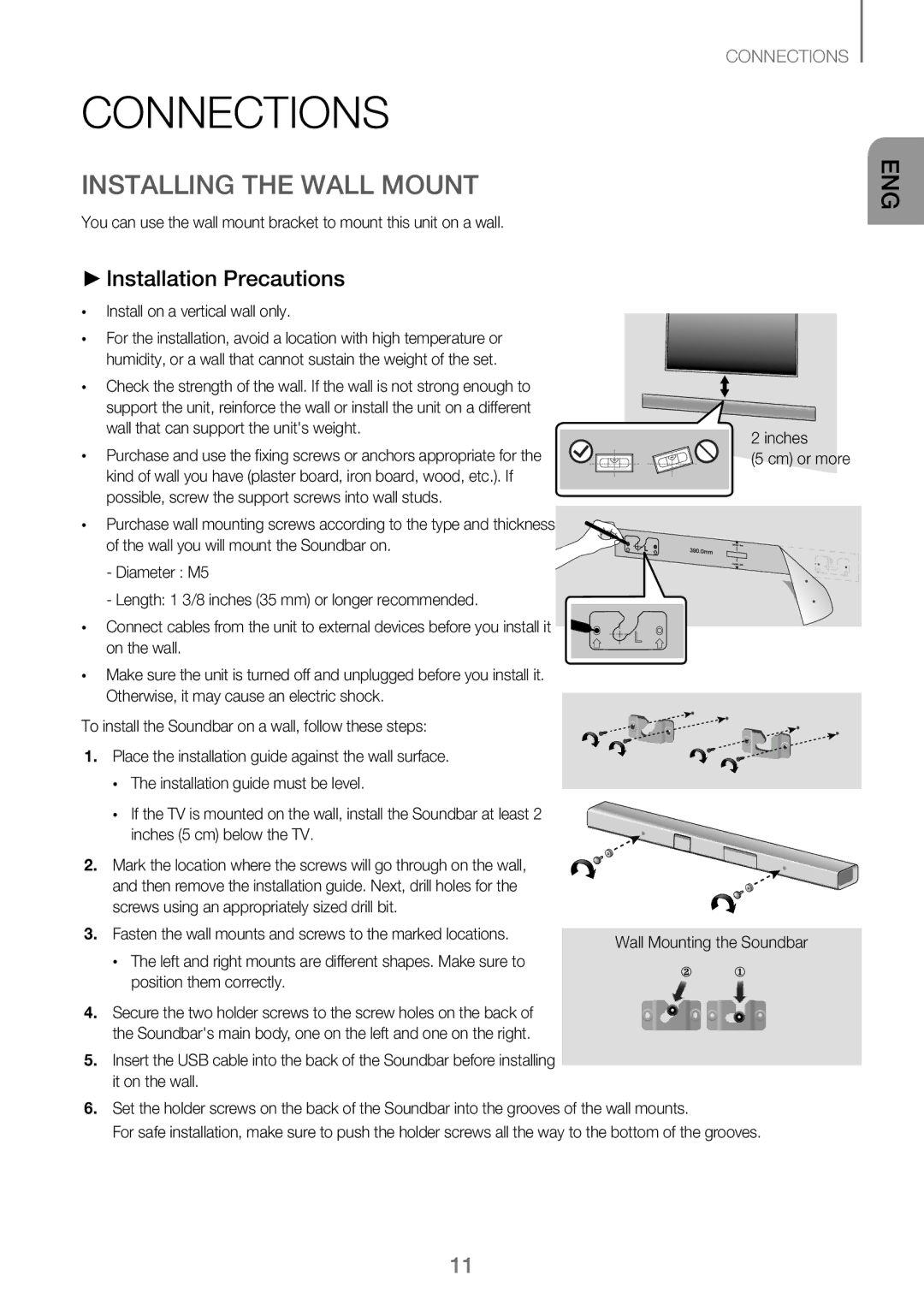 Samsung HW-J250/EN manual Connections, Installing the Wall Mount, Installation Precautions, Install on a vertical wall only 