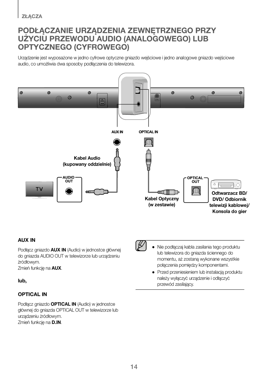 Samsung HW-J250/EN manual Kabel Audio Kupowany oddzielnie, Odtwarzacz BD, Kabel Optyczny DVD/ Odbiornik 