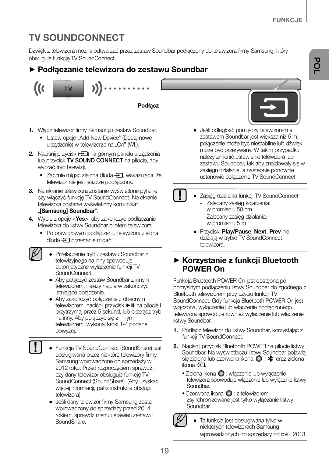 Samsung HW-J250/EN manual ++Podłączanie telewizora do zestawu Soundbar, ++Korzystanie z funkcji Bluetooth Power On 