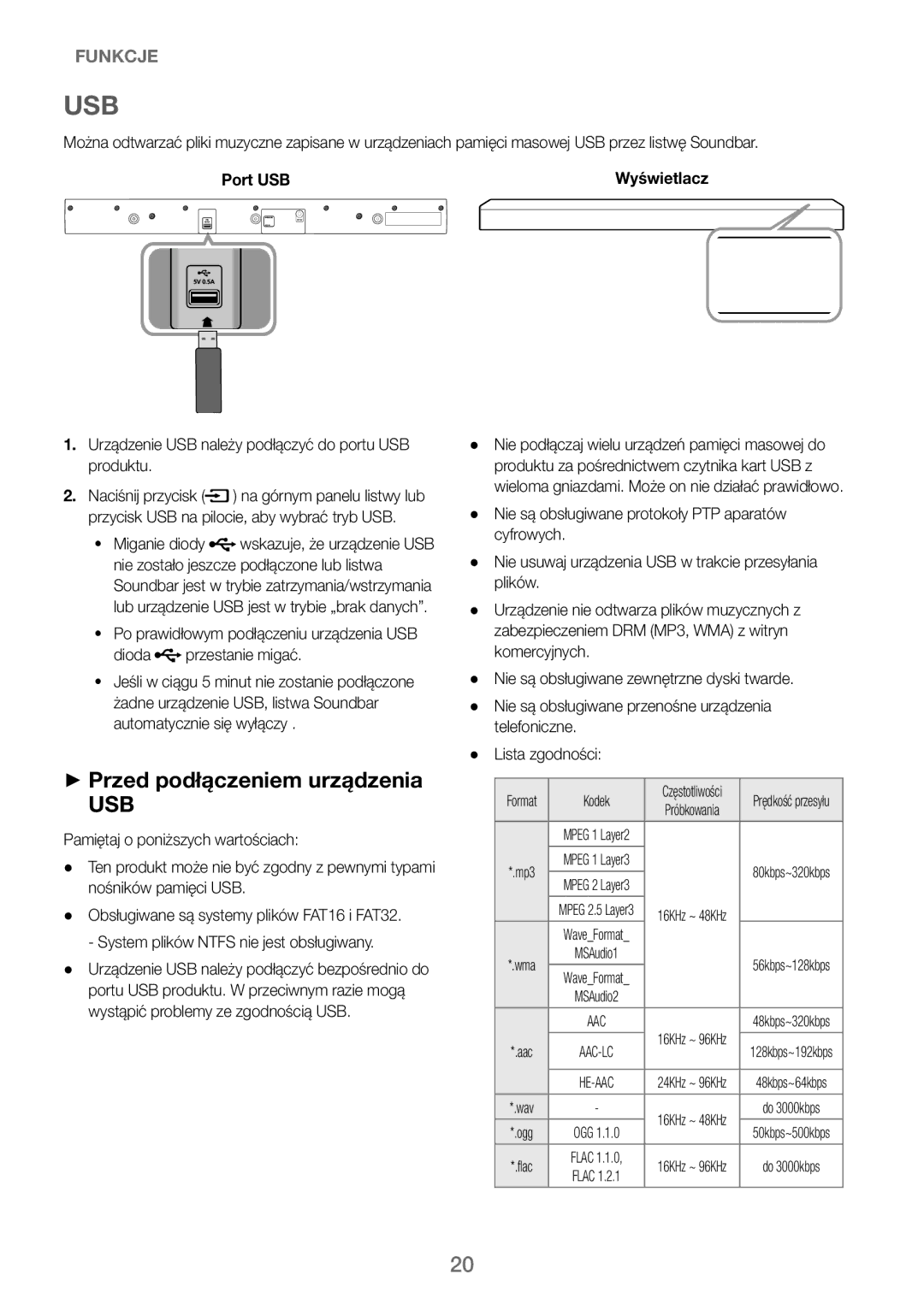 Samsung HW-J250/EN manual ++Przed podłączeniem urządzenia, Urządzenie USB należy podłączyć do portu USB produktu 