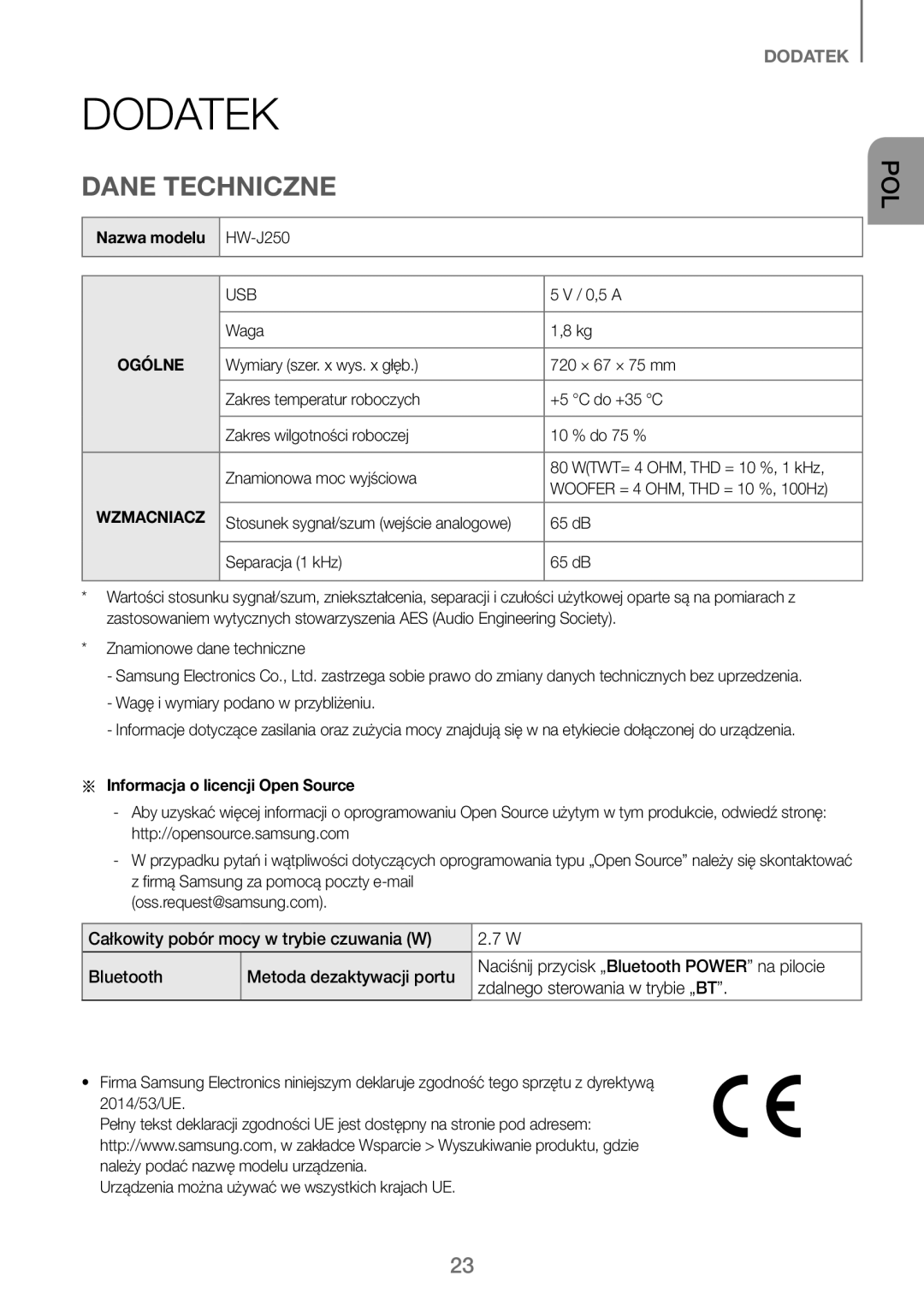 Samsung HW-J250/EN manual Dodatek, Dane Techniczne, Nazwa modelu, Aa Informacja o licencji Open Source 