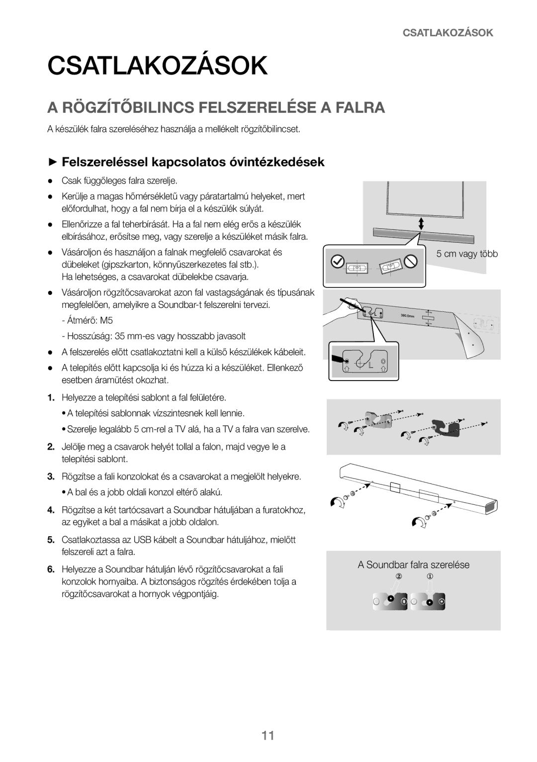 Samsung HW-J250/EN manual Csatlakozások, Rögzítőbilincs Felszerelése a Falra, ++Felszereléssel kapcsolatos óvintézkedések 