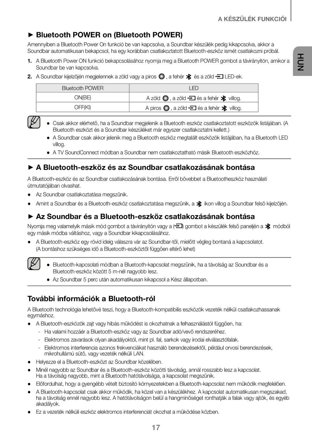 Samsung HW-J250/EN manual ++A Bluetooth-eszköz és az Soundbar csatlakozásának bontása, További információk a Bluetooth-ról 