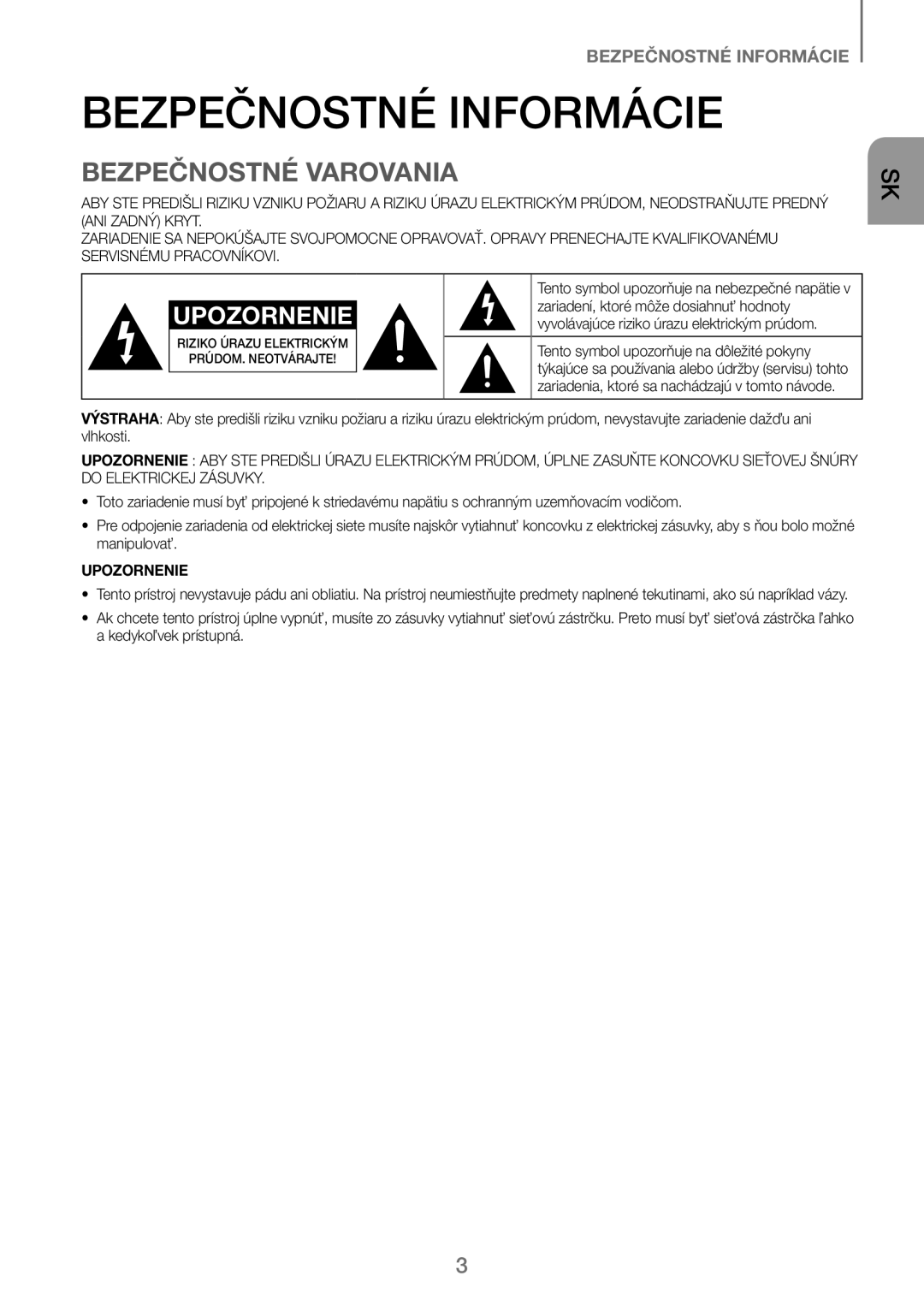 Samsung HW-J250/EN manual Bezpečnostné Informácie, Bezpečnostné Varovania, Zariadení, ktoré môže dosiahnuť hodnoty 