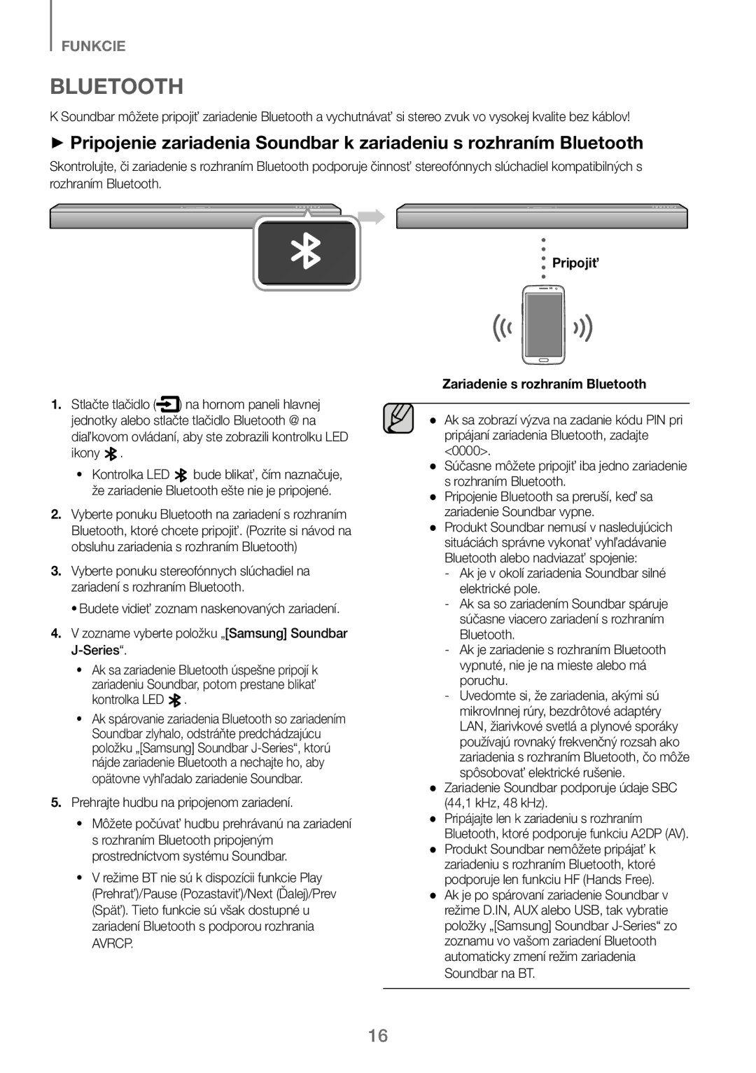 Samsung HW-J250/EN manual Prehrajte hudbu na pripojenom zariadení, Avrcp, Pripojiť Zariadenie s rozhraním Bluetooth 