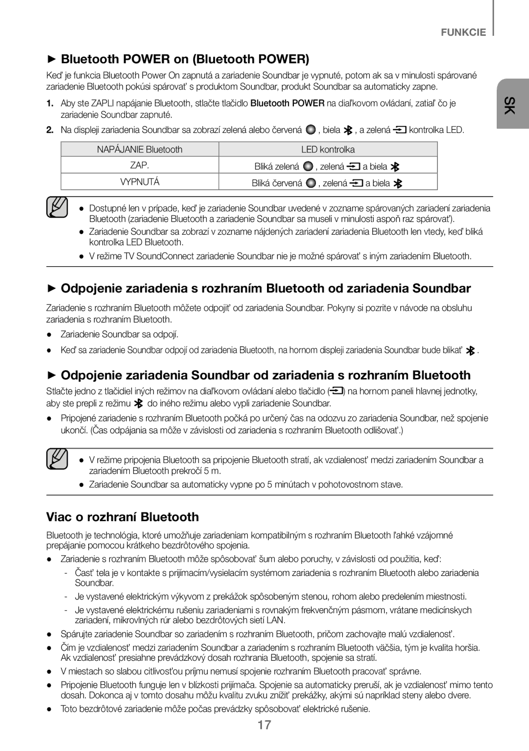 Samsung HW-J250/EN manual Viac o rozhraní Bluetooth, Napájanie Bluetooth LED kontrolka, Zelená Biela 