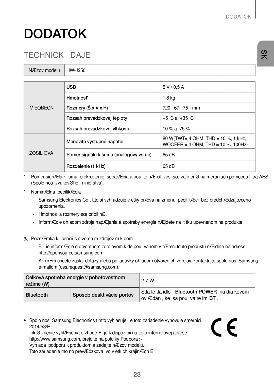 Samsung HW-J250/EN manual Dodatok, Technické Údaje, Názov modelu, Aa Poznámka k licencii s otvoreným zdrojovým kódom 