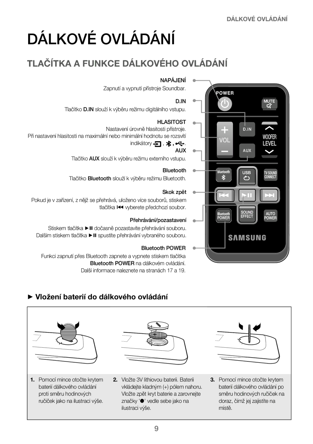 Samsung HW-J250/EN manual Dálkové Ovládání, Tlačítka a Funkce Dálkového Ovládání, ++Vložení baterií do dálkového ovládání 