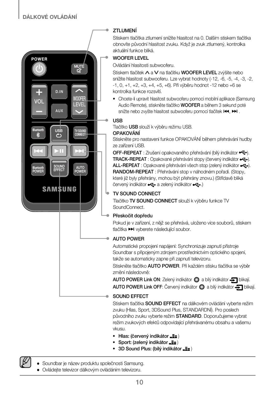 Samsung HW-J250/EN Ztlumení, Tlačítko USB slouží k výběru režimu USB, Opakování, Červený indikátor a zelený indikátor 