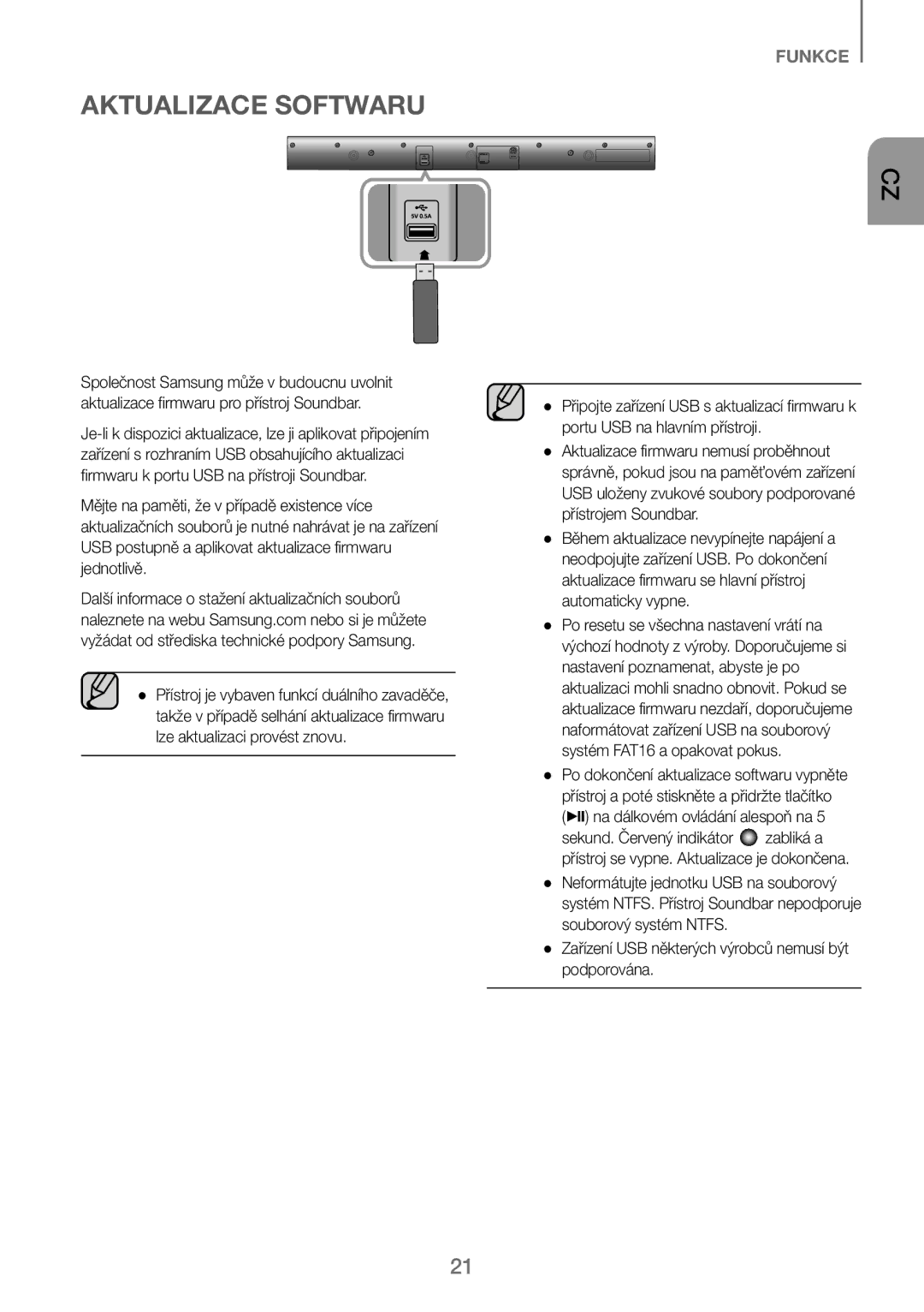 Samsung HW-J250/EN manual Aktualizace Softwaru, Zařízení USB některých výrobců nemusí být podporována 