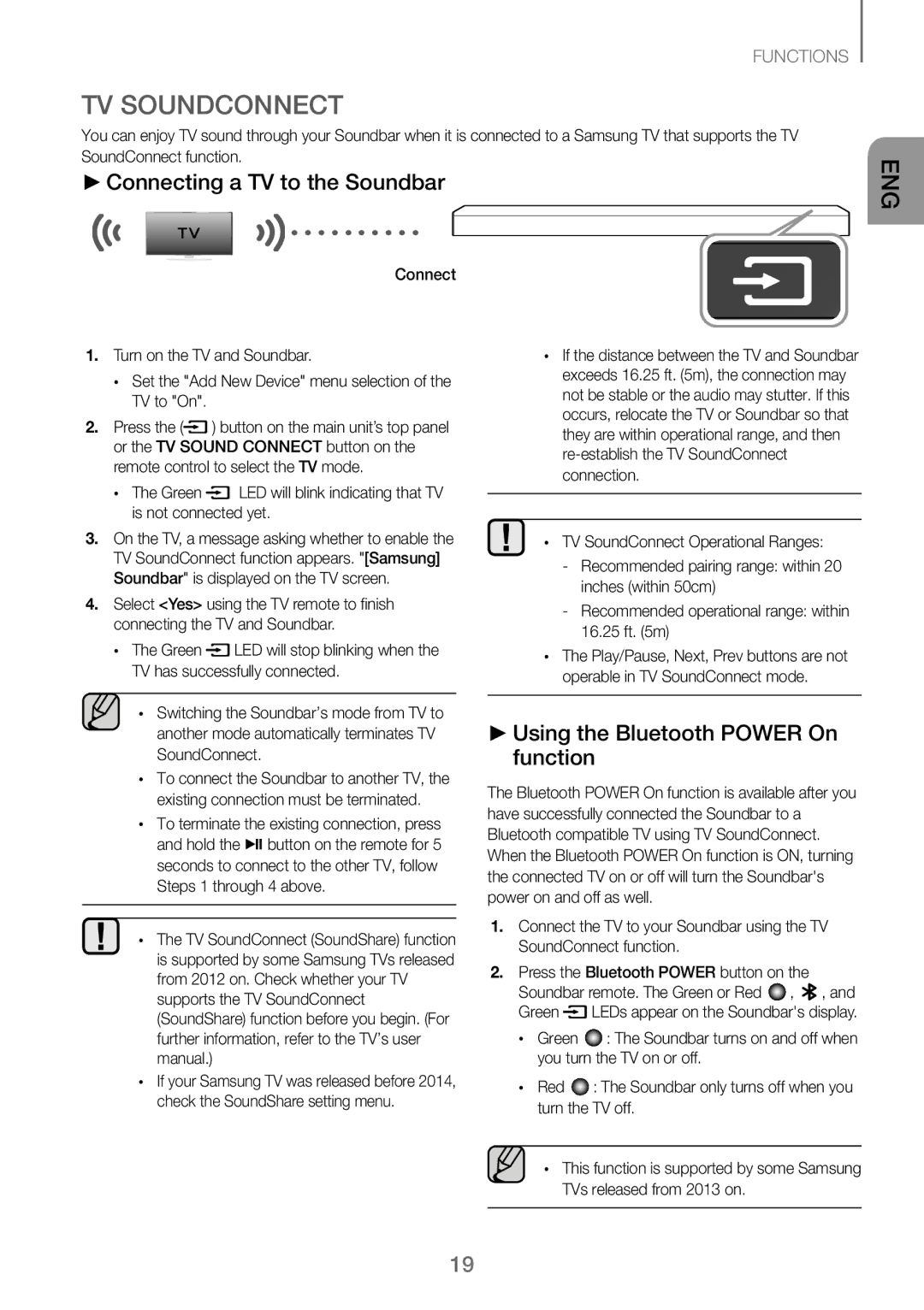 Samsung HW-J250/EN manual TV Soundconnect, Connecting a TV to the Soundbar, Using the Bluetooth Power On function 