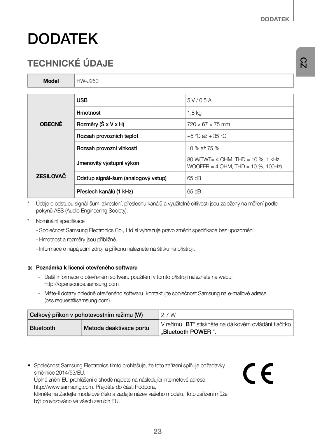 Samsung HW-J250/EN manual „Bluetooth Power, Model, Aa Poznámka k licenci otevřeného softwaru 